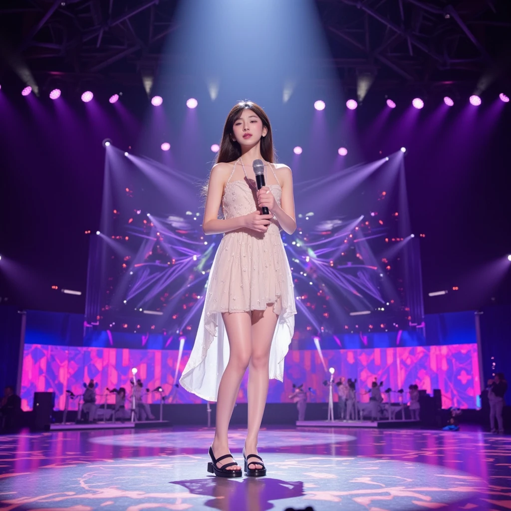 Realistic, Photorealistic, Masterpiece, Best Quality, One Girl, Solo, In the Stage, Stage Lighting, Stage Spotlight, Look At Audience, Smile, idol_singing_costume, (pureerosface_v1:0.8),Korean Idol,Nogizaka Idol,Actress,Gravure Idol