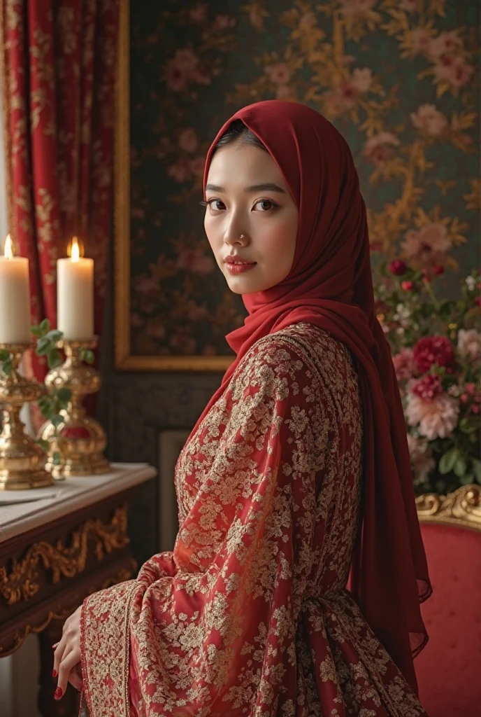 best quality, masterpiece, realistic:, luminate, beautiful muslim, hijab, twirling hijab, fully covered robe, 1 girl, red hijab, blue eyes, Front, detailed face, beautiful eyes, close up shot, dark red dress, tight dress, super shiny dress, ao dai dress, volumetric lighting, gorgeous body, moist skin, in a room and sitting on bed, window light, 50mm f1.4 lens