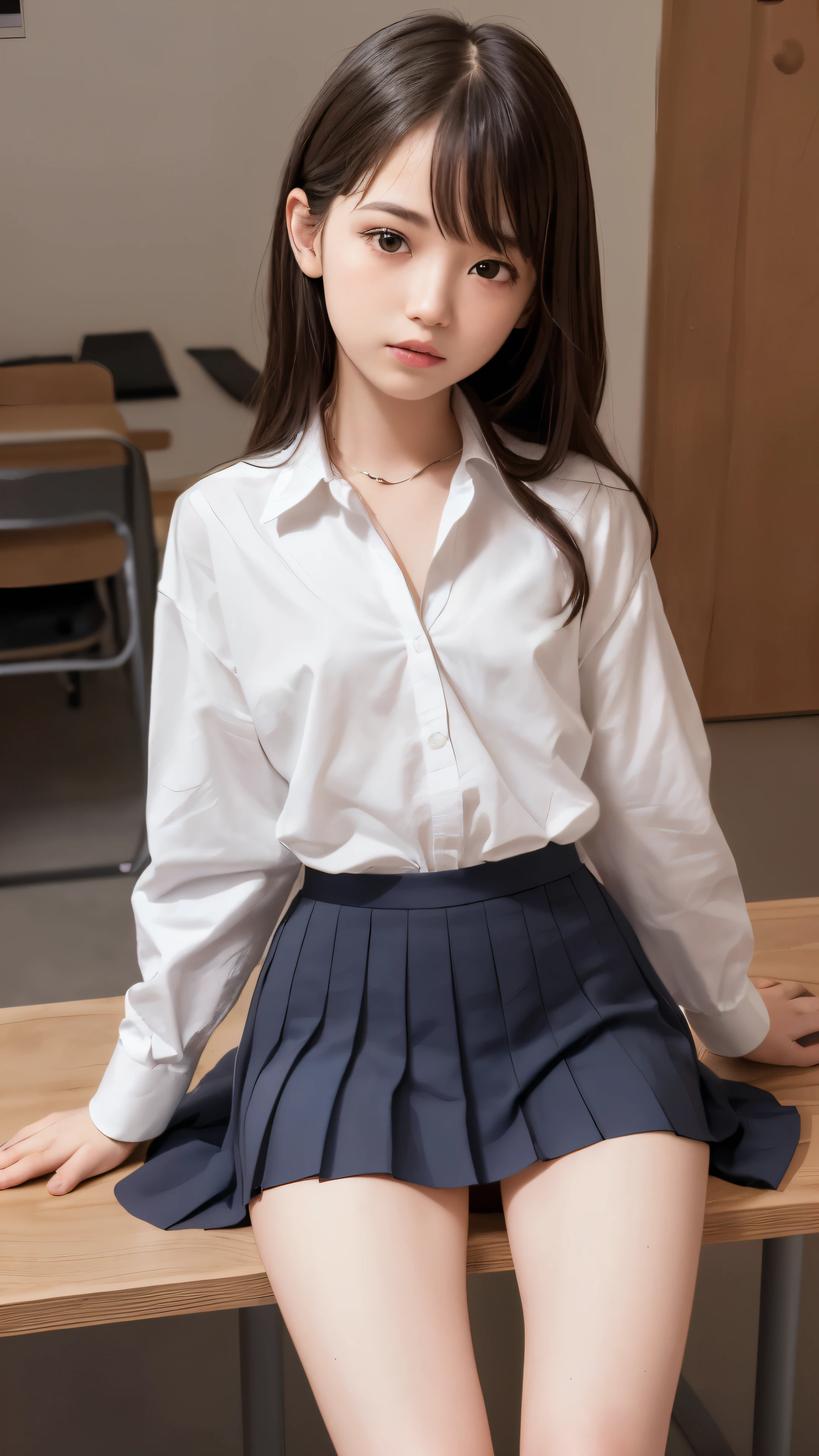 (masterpiece, top quality, highest quality, beautiful and aesthetic), 1girl, solo, highly detailed, best detailed, 8k photo, realistic, haruhi_srf, white long sleeve shirt and blue collar, micro mini skirt, skirt, beauty, , spread legs, showing white panties, k-pop idol,
watch viewer, standing, small smile, huge breasts, from below, classroom, panties visible from micro mini skirt, blonde, sensual, mansle, mekosuji, panties slightly visible from skirt, blonde