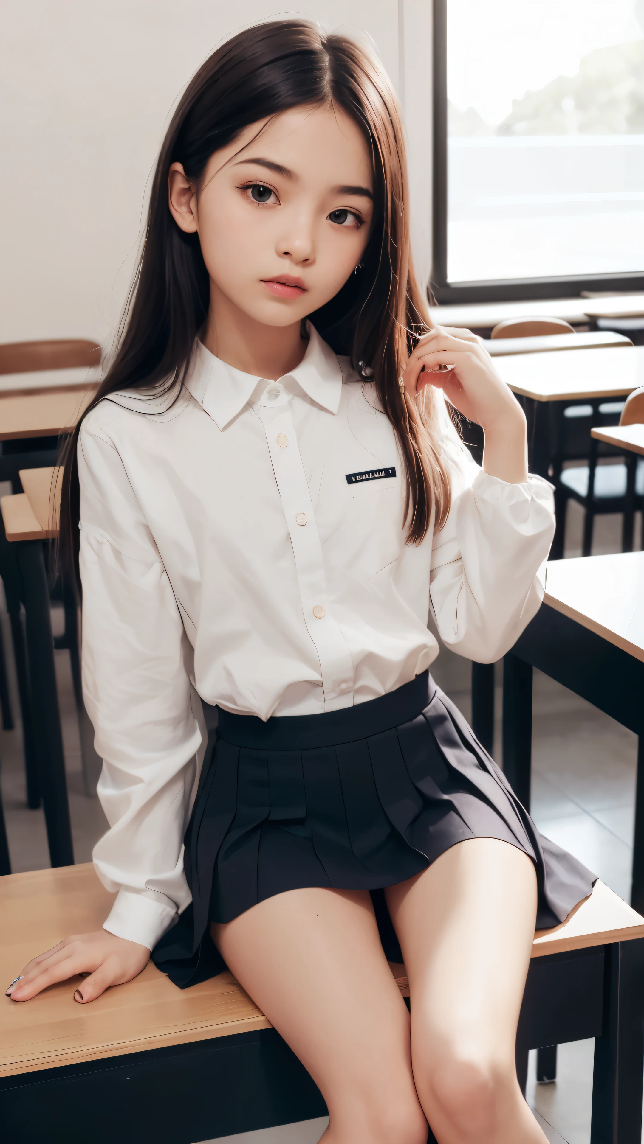 (1girl), kawaii, (Best Quality:1.4), (Ultra-detailed), (extremely detailed CG unified 8k wallpaper), Professional Photography, (hi-school uniform, pleated mini skirt:1.3), depth of fields, School, classroom, (sitting:1.3), (masterpiece:1.4), professional photography, (spread legs), (no panties:1.2), (fine face:1.2), thin thighs, two inch gap between thighs, no panties, skinny girl, ultra slim, very skinny legs, ultra slim thighs, extra petite girl, she only weight 75 pounds, thin thighs, her thighs are very slender, lift your skirt, pussy is visible, vagina is visible