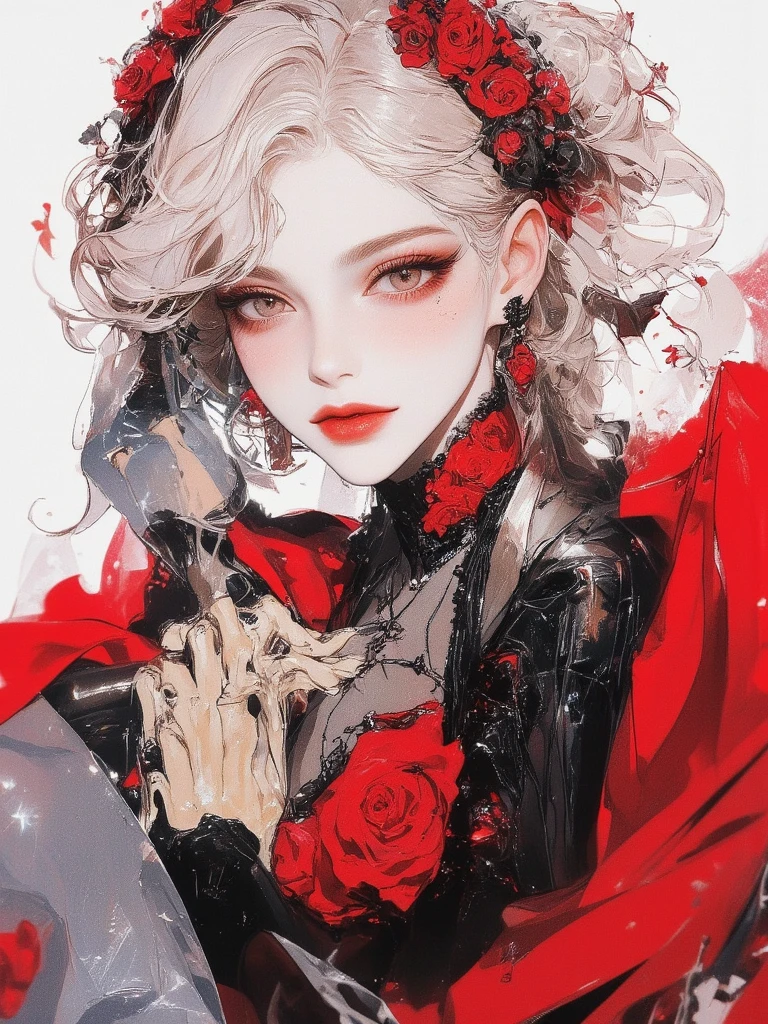 Dark queen, in black suit dress, dark roses, luxurious