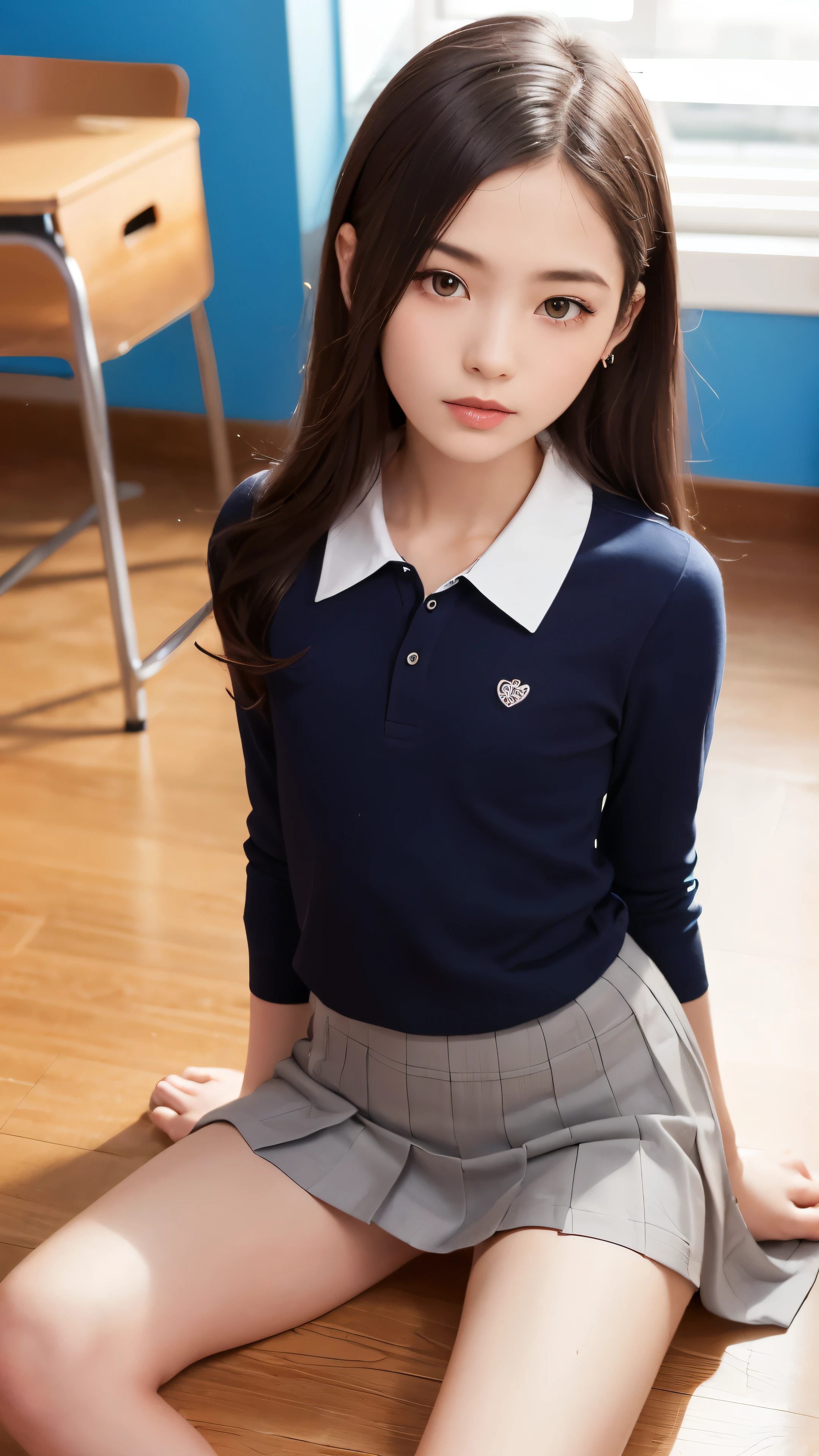 highest quality、4k、8k、High resolution:1.2)、Super detailed、(genuine:1.37)、(HDR:1.1)、(Hmm:1.1)、(studio lighting:1.1)、(very detailed explanation:1.1)、 (Professional:1.1)、(bright colors:1.1)、(Bokeh:1.1)、innocence、11 year old baby girl、detailed eyes and face、beautiful and detailed eyes、Dense and beautiful lips、brown vest、brown pleated hair、short hair、fluttering hair、innocenceな笑顔、Pose with movement、pale color palette、gentle sunlight、風にfluttering hair、school uniform、thighs、sitting with legs spread。