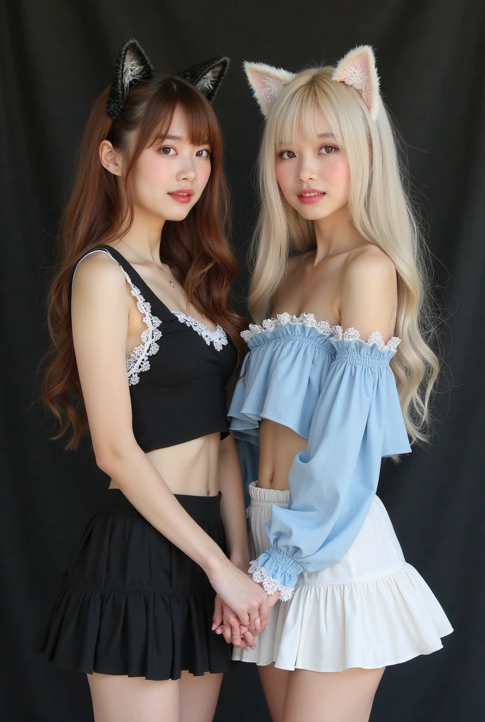 (A selfie photo of two Japanese idols), 18-years-old, (Standing closely), in the office, (Both smiling), (Both looking at the camera), best quality, masterpiece, (Wearing white sheer lace transparent embroidered bridesmaid-dress), (choker), (((Double eyelids))), Bangs down, earrings, ((Big beady eyes)), ((Both lifting up skirt and exposing panties))