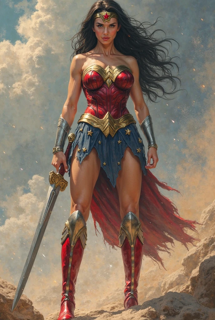 ((fantasy art)), action, heroism, grandeur, power, sensuality, stunning shadows, expertly detailed, epic, powerful and profound. DC Comics Wonder Woman is standing on top of a large rock, she is above us, we have a view from below, she is above the horizon line, Wonder Woman looks incredibly beautiful, slender, dynamic pose, pose action, Knees slightly bent, she is prepared for battle, she is holding a sword in her right hand and a shield in her left hand, her legs are slightly bent, dynamic pose, battle pose, she looks at the camera, her hair is very long and fluttering. Full body, full body. seen from below, she is on top of a large rock, a large wave crashes against the rock she is on, a wave crashes against the rock behind her making the water rise above her head, rising high, it is raining . hero comics style, Jim Lee, Ed Benes, Adam Hughes, Ivan Reis, Frank Cho style. ((best quality)), ((masterpiece)), (high resolution: 1.2), ((best quality)), ((masterpiece)), (high resolution: 1.2)