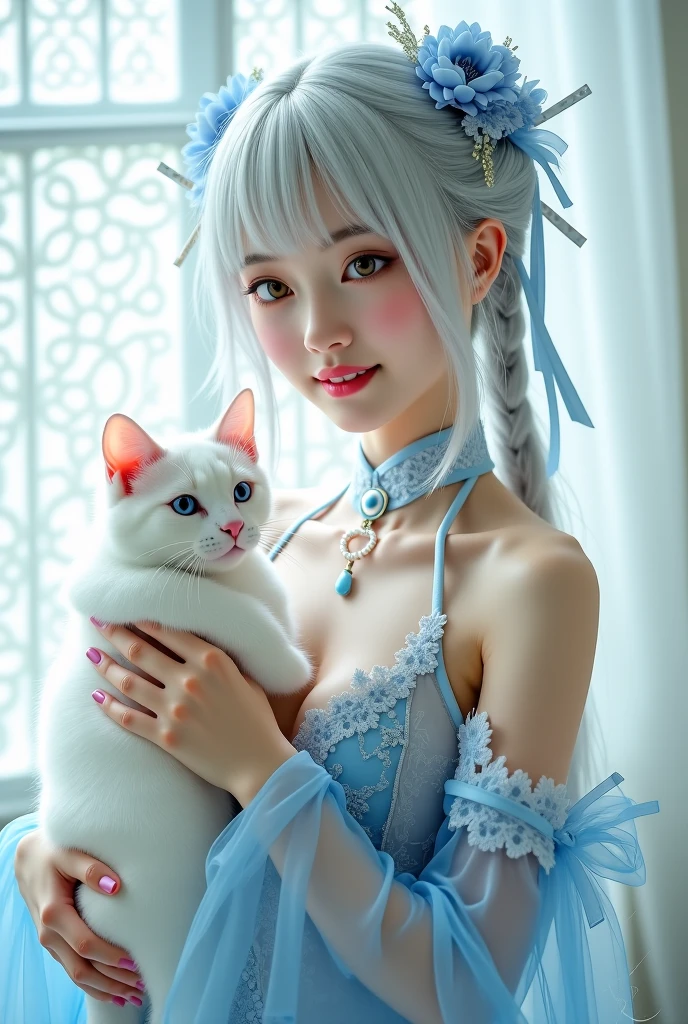 long hair,hair ornament,{{best quality}, {{masterpiece}}, {highres}, original, extremely detailed wallpaper, cute loli,((white cat ears)){an extremely delicate and beautiful},1girl,extremely detailed,blue hair,messy hair,{light smile},{military uniform},{portrait},{red eyes},large breast,dramatic angle,slim body,perfect body,{magzine},depth of field,,