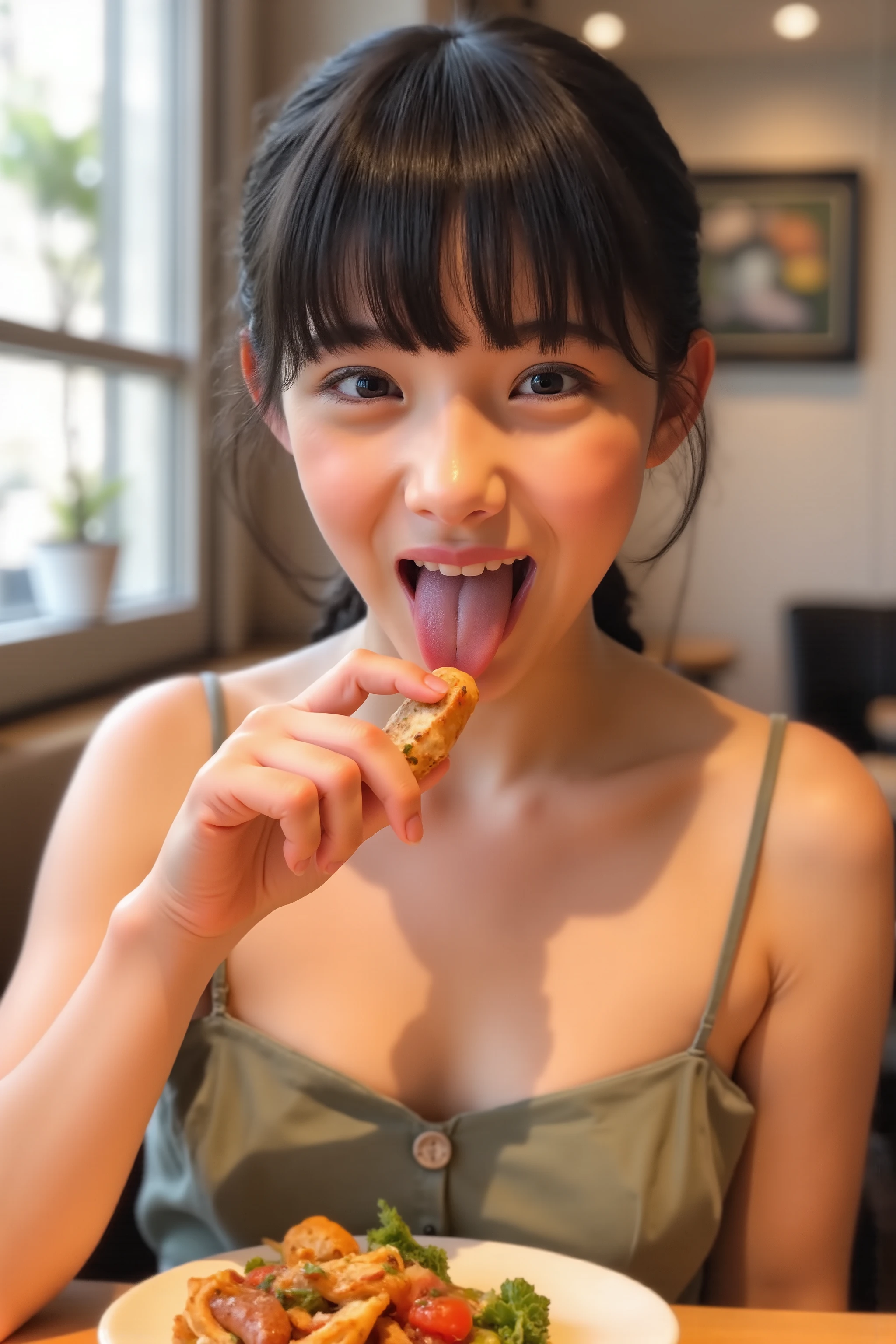 (realistic, photo-realistic:1.37), (best quality, masterpiece:1.2), 8k, RAW photo, high resolution photograph, extremely detailed, intricate details, sharp details, sharp focus, solo, a Japanese young woman, black hair, detailed face, beautiful detailed eyes, beautiful pupils, sophisticated nose, pale skin, fine-textured skin, (sleeveless strapless off-shoulder sundress:1.2), (licking a phallic shaped sausage in her hand, open mouth, tongue out:1.4), across table pov, looking at the viewer, indoors, restaurant,