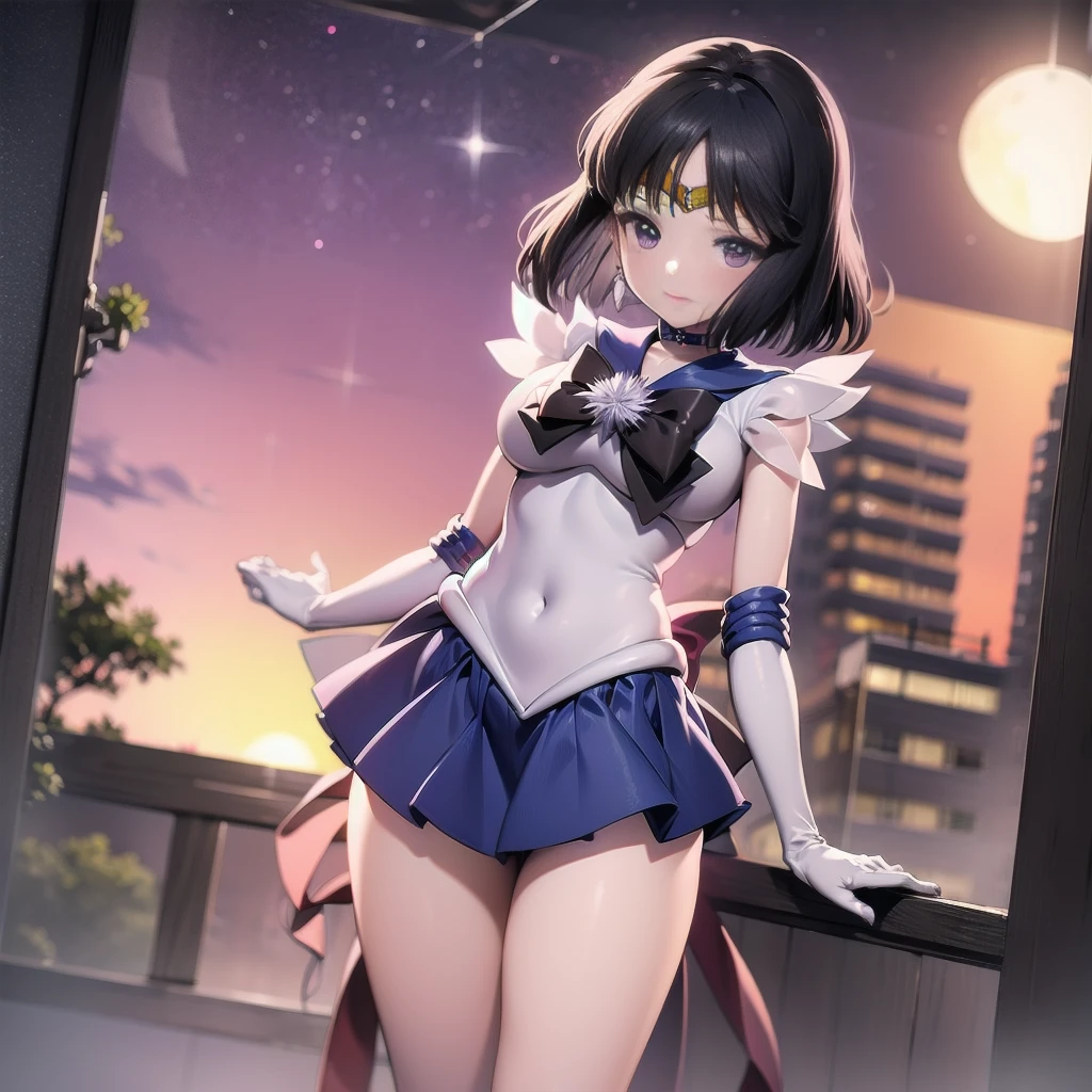 masterpiece, best quality, highres, sama1, tiara, skirt, sailor senshi uniform, white gloves, red sailor collar, red skirt, star choker, elbow gloves, pleated skirt, bare legs, purple bow, <lora:sailor_mars_v1:0.7>, cowboy shot, standing, smile, moon, city