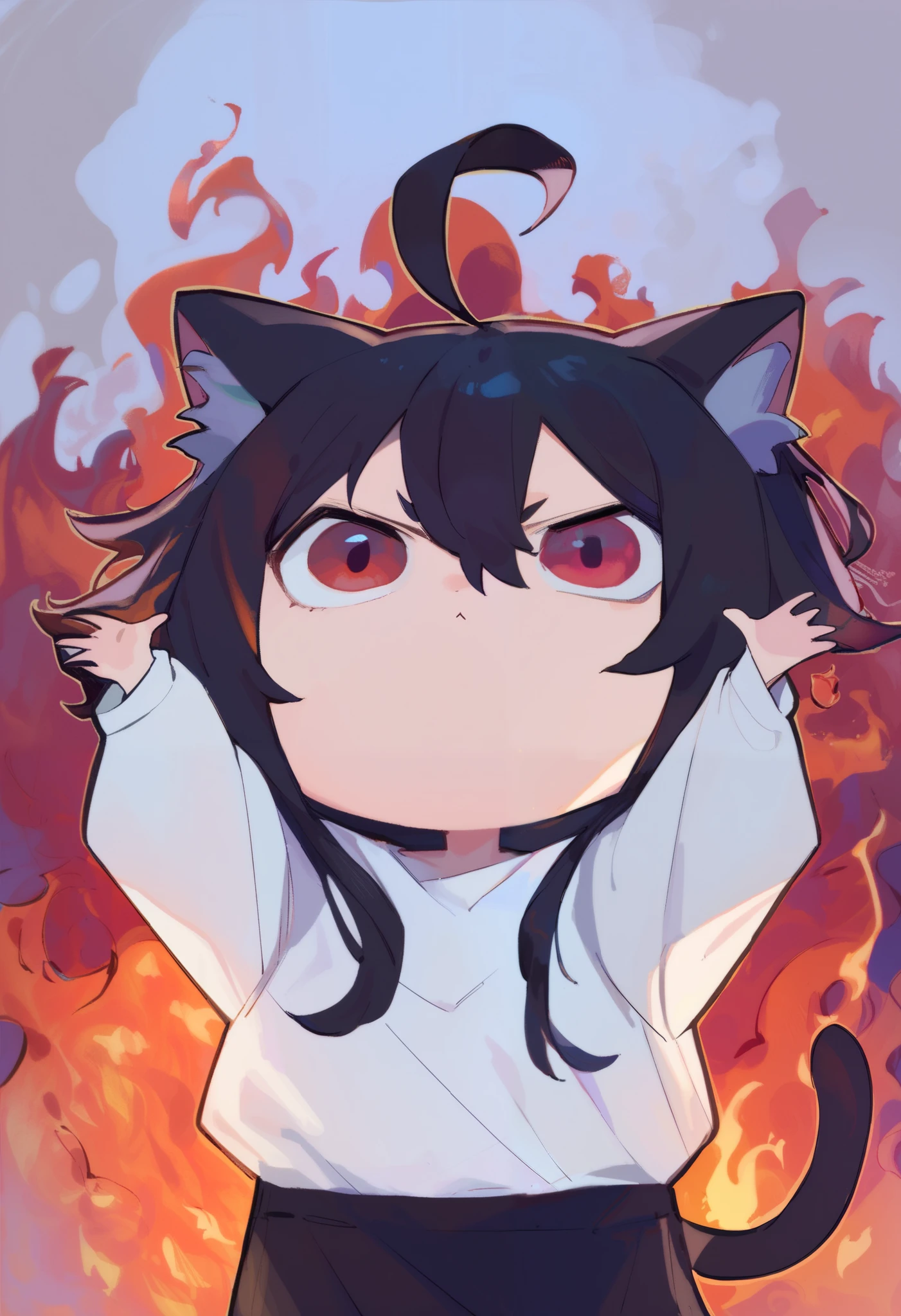 score_9, score_8_up, score_7_up, 1girl, chibi, arms up, fire, outstretched arms, upper Body, burning, cat ears, red eyes, long hair, black hair, (Ahoge), straight bangs, black clothes