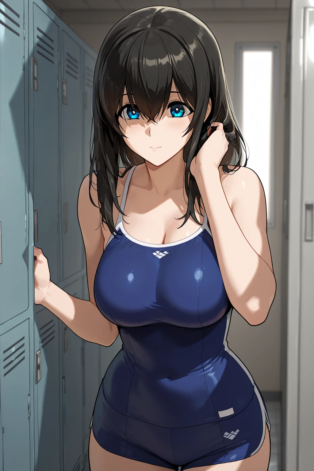 (((locker room:1.3))),(((Changing clothes in the dressing room:1.3))),(((School uniforms hanging on hangers:1.3))),(((School Swimsuit:1.7)),(((Navy blue one piece swimsuit))),(Change of clothes:1.3),Cute face,Extreme close up of face,Shiny light brown and orange striped short hair,Messy ponytail,Cute Smile,Perfect round face,iris,(hairpin、ponytail、Floating Hair、),Large Breasts.Professional Lighting,Cinematic Light,(Tabletop,highest quality,Ultra-high resolution output images,) ,(8K quality,),(Ocean Art 2.0 Mode:1.3),(Picture Mode Ultra HD,)