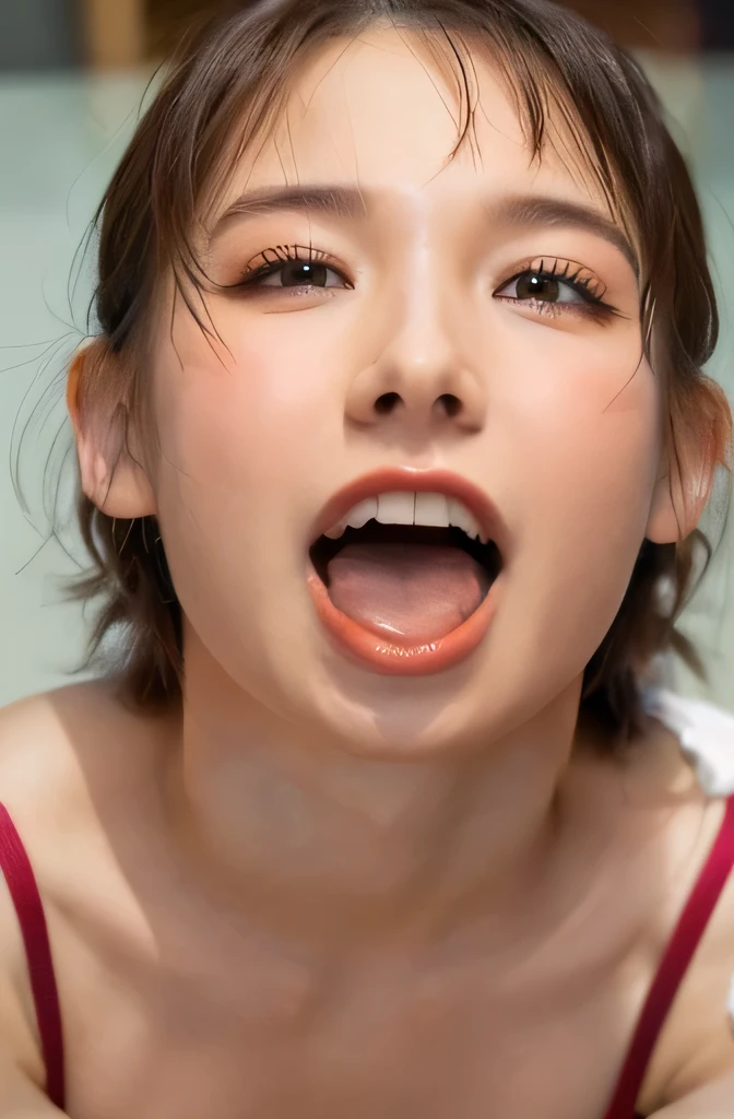 (open your mouth, After the blowjob、 in the mouth),high resolution photo, Alone, 1 girl, wears an off-the-shoulder dress, Focus on Your FACE, face close-up, with short ties, Straight Long Black Hair with Blunt Bangs , PALE SKIN, detailed face, detailed eyes, seductive eyes, light makeup that breaks, (open your mouth, After the blowjob、 in the mouth), indoors,(open your mouth, After the blowjob、 in the mouth),