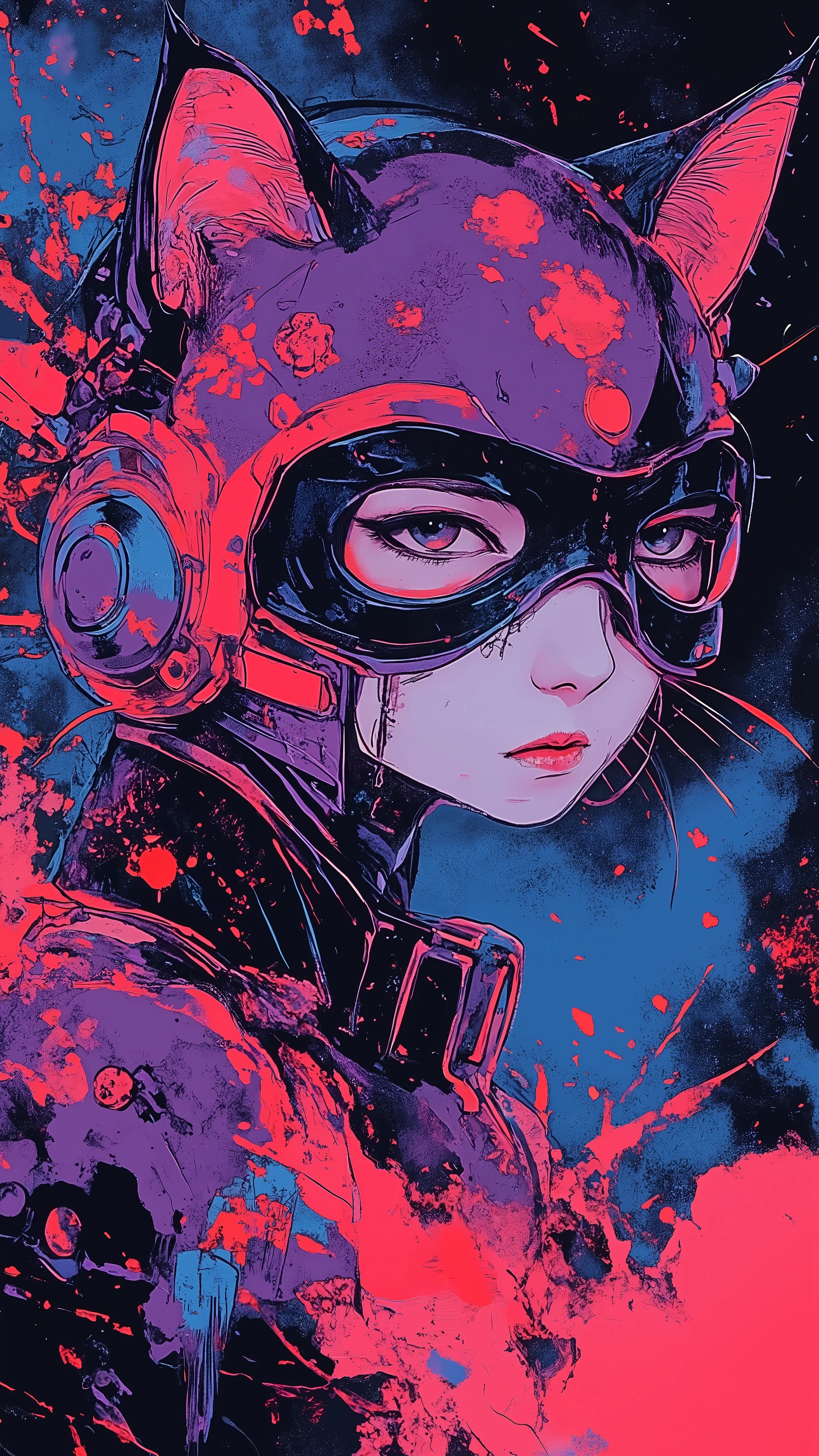 top-quality))、((masterpiece)、cyberpunked、young korean catgirl, revealing cyberpunk clothing, purples, blues, reds, (andy warhol), illustrated anime, retro style classic, no background, neon colorsplash background, glitter dust, ethereal, shiny skin,