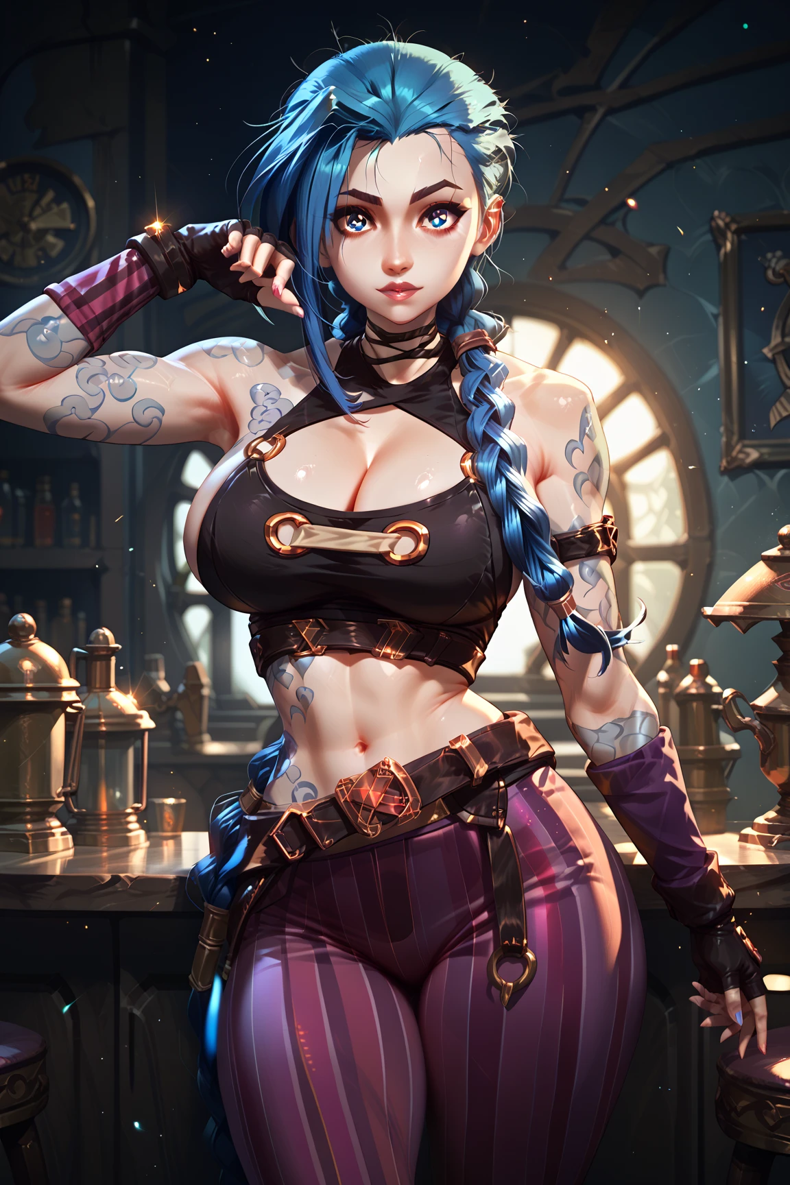 best quality, highest quality, masterpiece, high resolution, clean picture, smooth picture, high details,
jinxlol, blue hair, twintails, crop top, (evil smile, crazy smile),
((huge breasts)),
<lora:0_jinxLeagueOfLegends_v10:1>