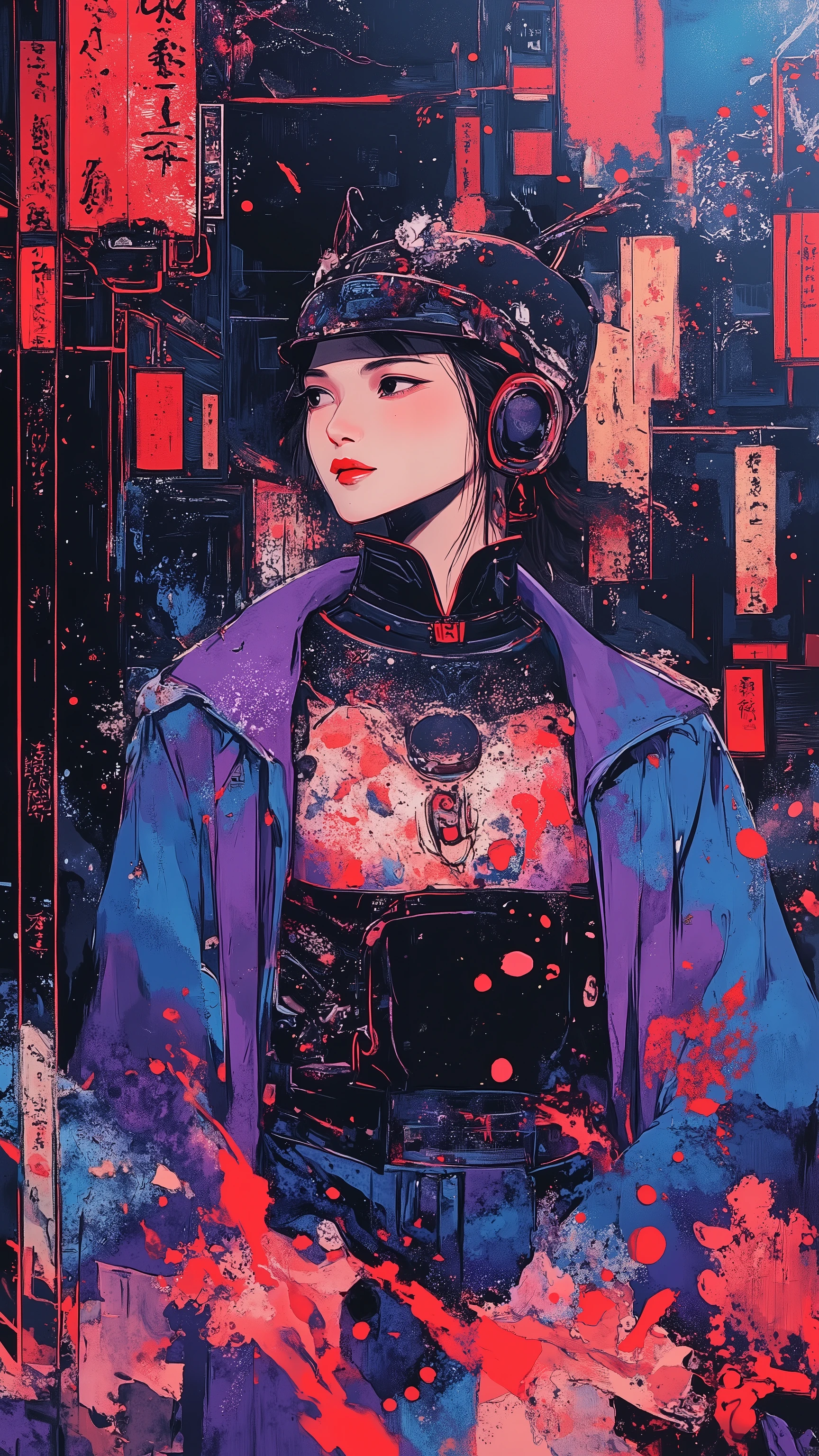 top-quality))、((masterpiece)、cyberpunked、young korean catgirl, revealing cyberpunk clothing, purples, blues, reds, (andy warhol), illustrated anime, retro style classic, no background, neon colorsplash background, glitter dust, ethereal, shiny skin,