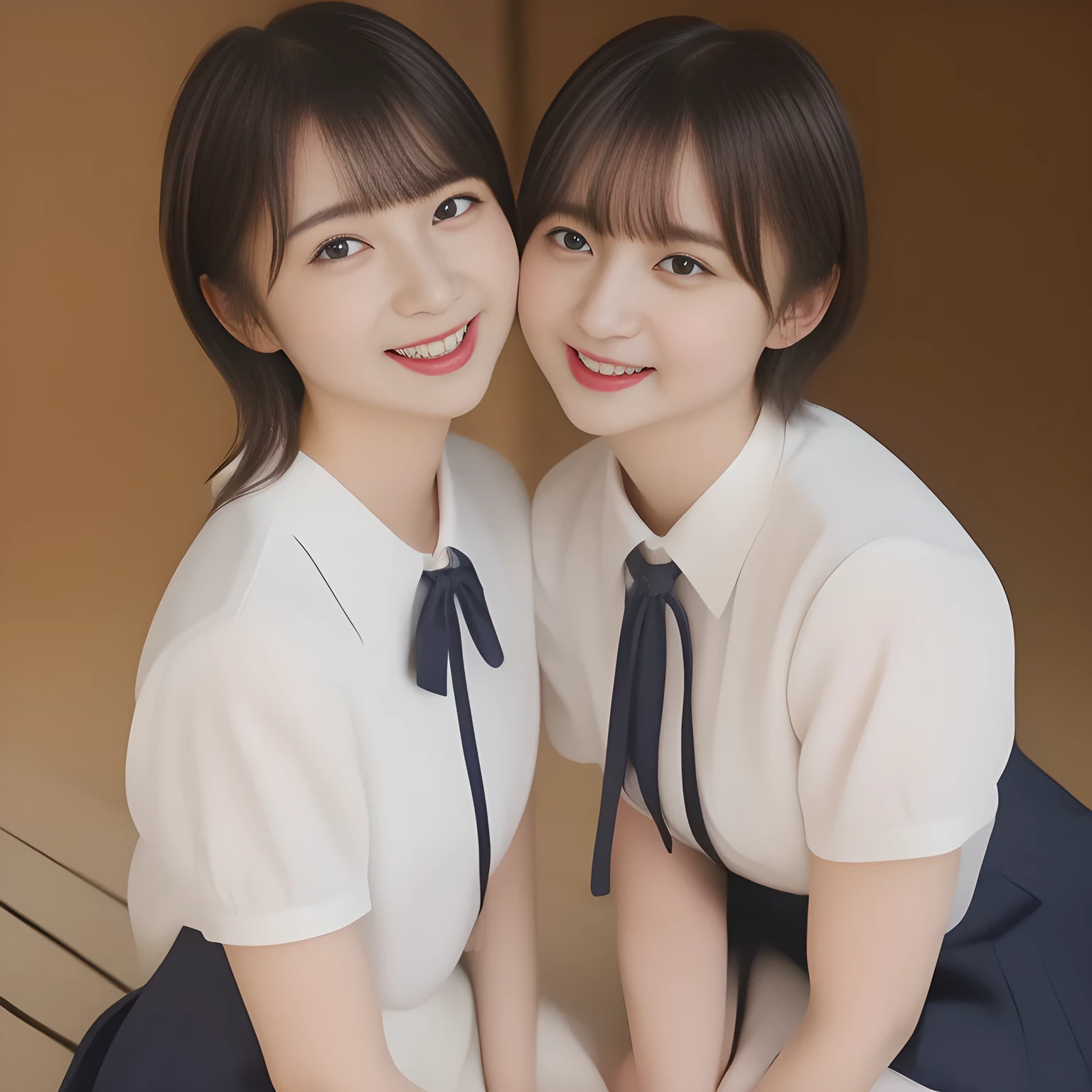 (masterpiece, best quality:1.2), High resolution, 1080P, 8K, 1girl, solo, (((Too beautiful Two zinomy noble lovely succubi idols)) are seated on the viewer's leg and caressing the viewer together. Beautiful face looking down. All the girls are noble, neat, intelligent and beautiful slender, maximum laughter of happiness, neat seducing uniform and skirt: 1.8), (Incredibly well organized pure white face, Glossy lips, Very long black beautiful straight hair like a hair model, (((Pure and clear wet noble smiling large eyes))), (((Noble and neat and noble))) Japanese school uniform, (white cute school ribbon bow-tie), girly & fluttering ((frilled gorgeous expensive white school blouse)), puffed sleeves, (white cutest well-pleated noble (ivory skirt)): 1.9) ,(beautiful legs, white socks and school loafers), (Using expensive face-whitening cosmetics to make her skin more beautiful and pure by professional makeup artist: 1.0), (The neat beautiful two succubi know well about the viewer's super fetishism for school uniforms, and satisfies it completely with skirt: 1.0), (well detailed face and seducing eyes: 1.8), (All the girls are giving the the viewer's one extreme happiness of beautiful hands and skirt: 1.5), (Two beautiful succubi Caress and squeeze the viewer's one passionately tenderly together with Beautiful open mouth and hands until finish of (unstoppable lewd white milk explosion): 2), (Neat, clean, clear, noble harem atmosphere: 1.8), (soprano voice chorus: 1.8)