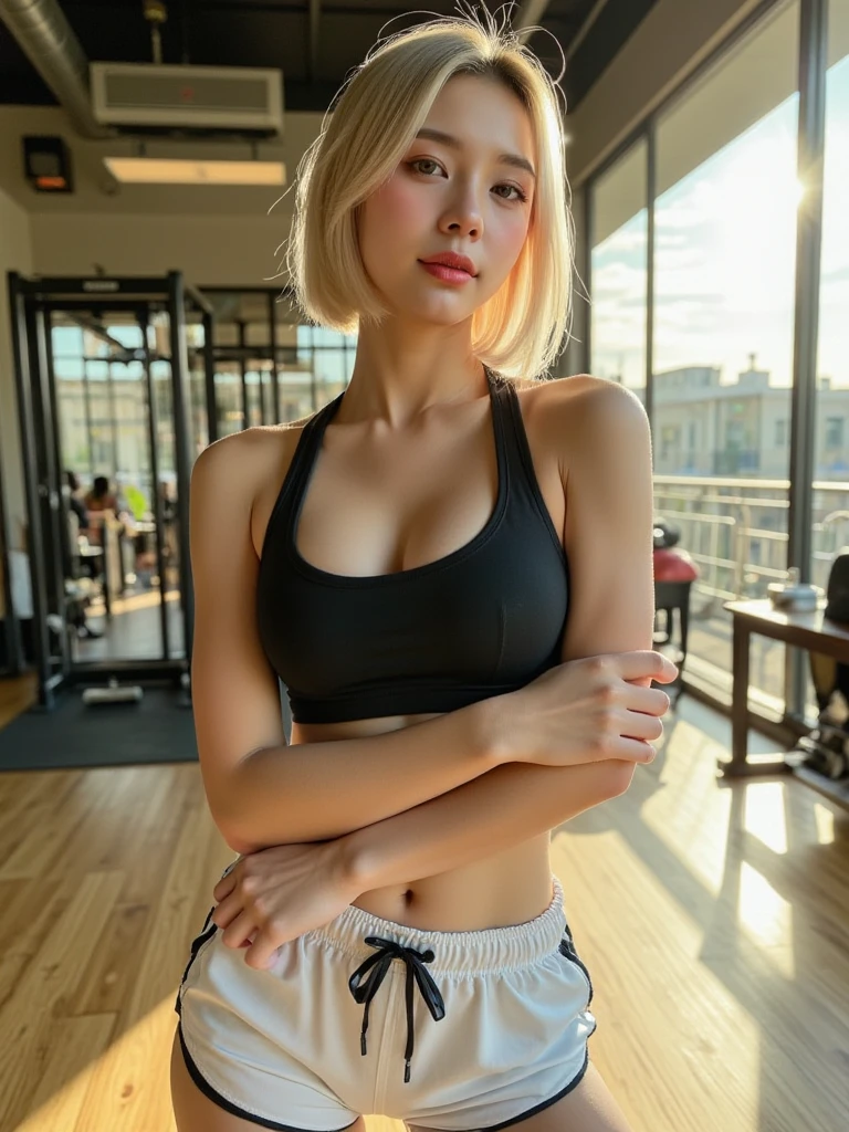 Highly detailed CG Unity 8k wallpaper, of the highest quality, masutepiece, Realistic, photographrealistic, Highly detailed beautiful woman, 42 year old,((Bery short hair))、(((Large breasts)))、cleavage , (get sweaty) , Round eyes, ((You can see the shape of the nipple through the clothes))、Realistic female hands、viewer, blush, Smile, ((Tall pretty woman))、((Vertical navel))、Parted lips, full body photographed , Tank top , Lewd sportswear ,((Muscle training))、 squatt, (((Thin sportswear)))、sports gym、erect through、Muchimuchi、Frontal photography