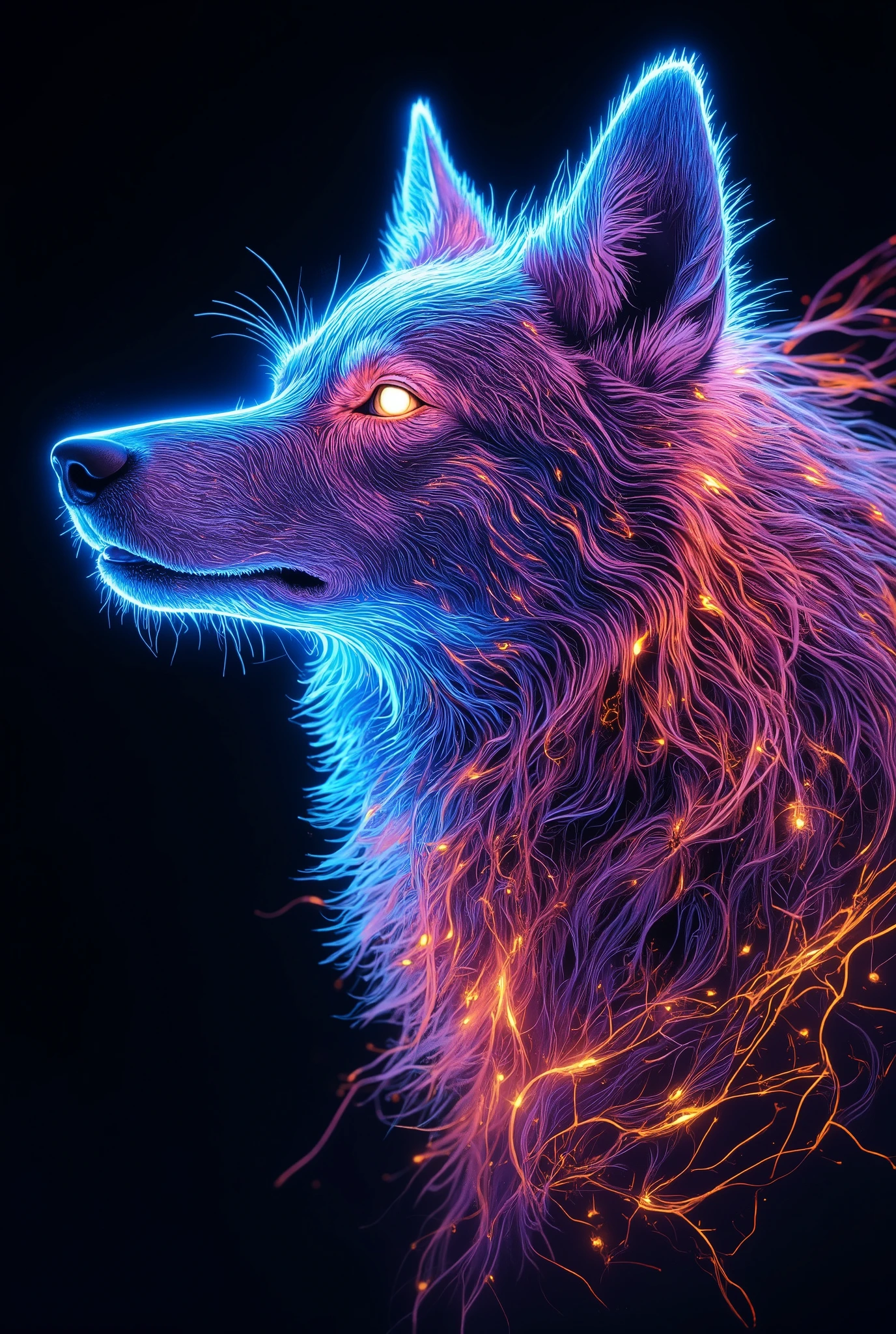 Illumination art, Wolf drawn with penetrating light, Closeup of Her Expression , turns howling into multi-colored lines of light, Sophisticated lighting art that rises on a black background, Express soft coat with sharp GlowingLine, Transparency that creates loneliness, beauty that everyone will fall in love with ,
Please increase transparency to the extreme, written by Glow line,