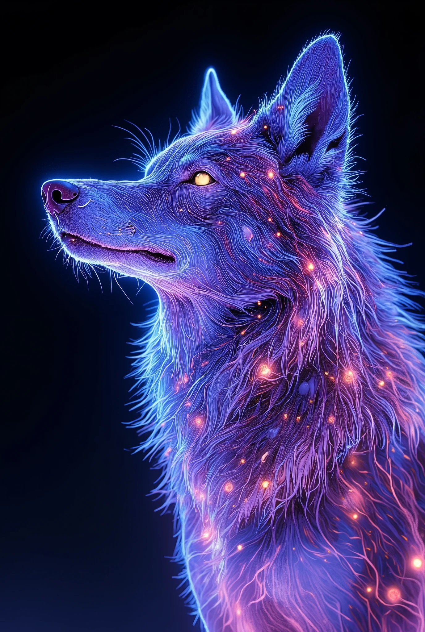 (Illumination art, written by Glow line, A wolf drawn with penetrating light), ( Closeup of Her Expression , dynamic), Sophisticated lighting art that rises on a black background, Express soft coat with sharp GlowingLine, turns howling into multi-colored lines of light, Transparency that creates loneliness, beauty that everyone will fall in love with ,
Please increase transparency to the extreme, written by Glow line, Realistically reproduce the emission of light,