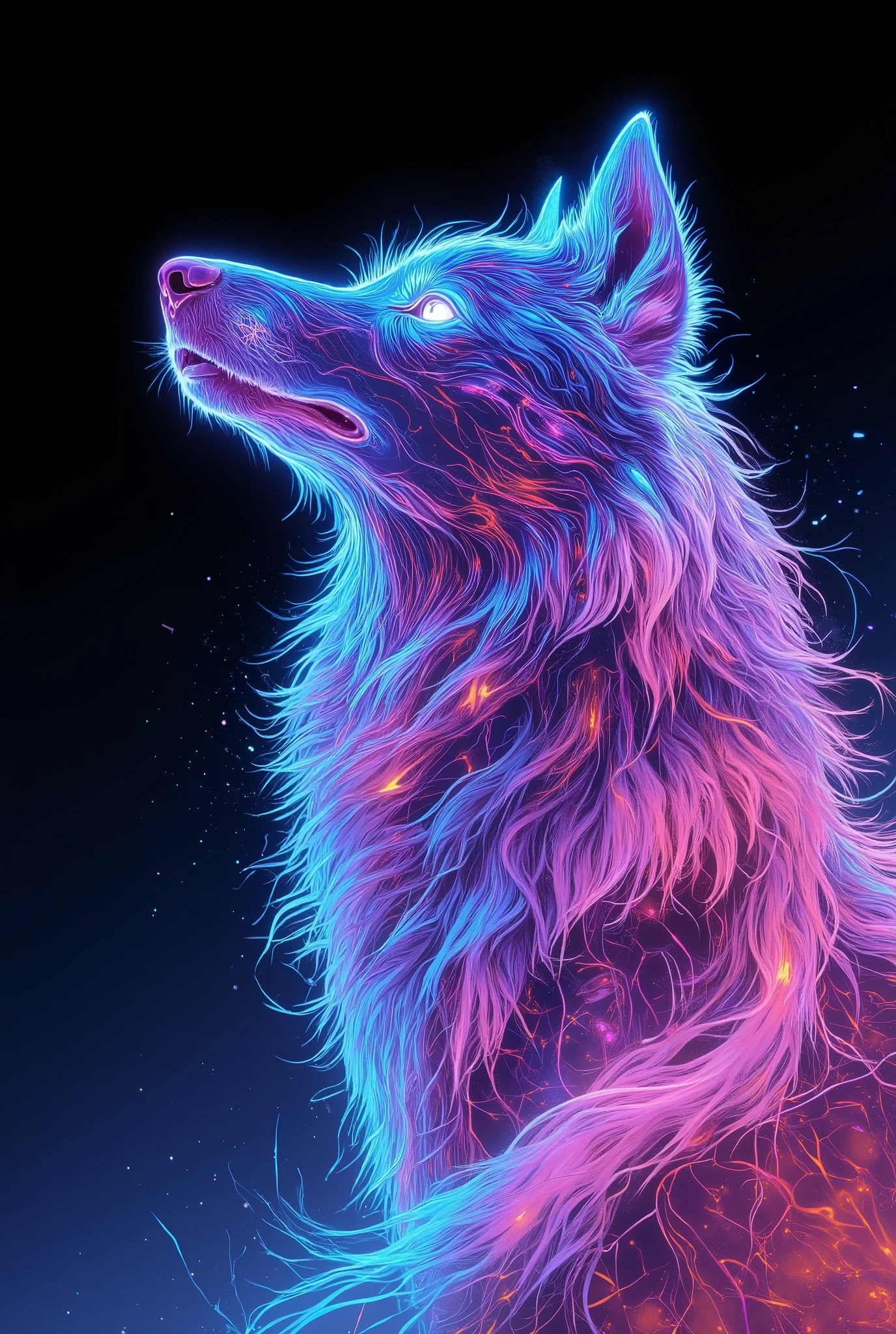 (Illumination art, written by Glow line, A wolf drawn with penetrating light), ( Closeup of Her Expression , dynamic), Sophisticated lighting art that rises on a black background, Express soft coat with sharp GlowingLine, turns howling into multi-colored lines of light, Transparency that creates loneliness,  beauty that everyone will fall in love with , 
Please increase transparency to the extreme, written by Glow line, Realistically reproduce the emission of light, 