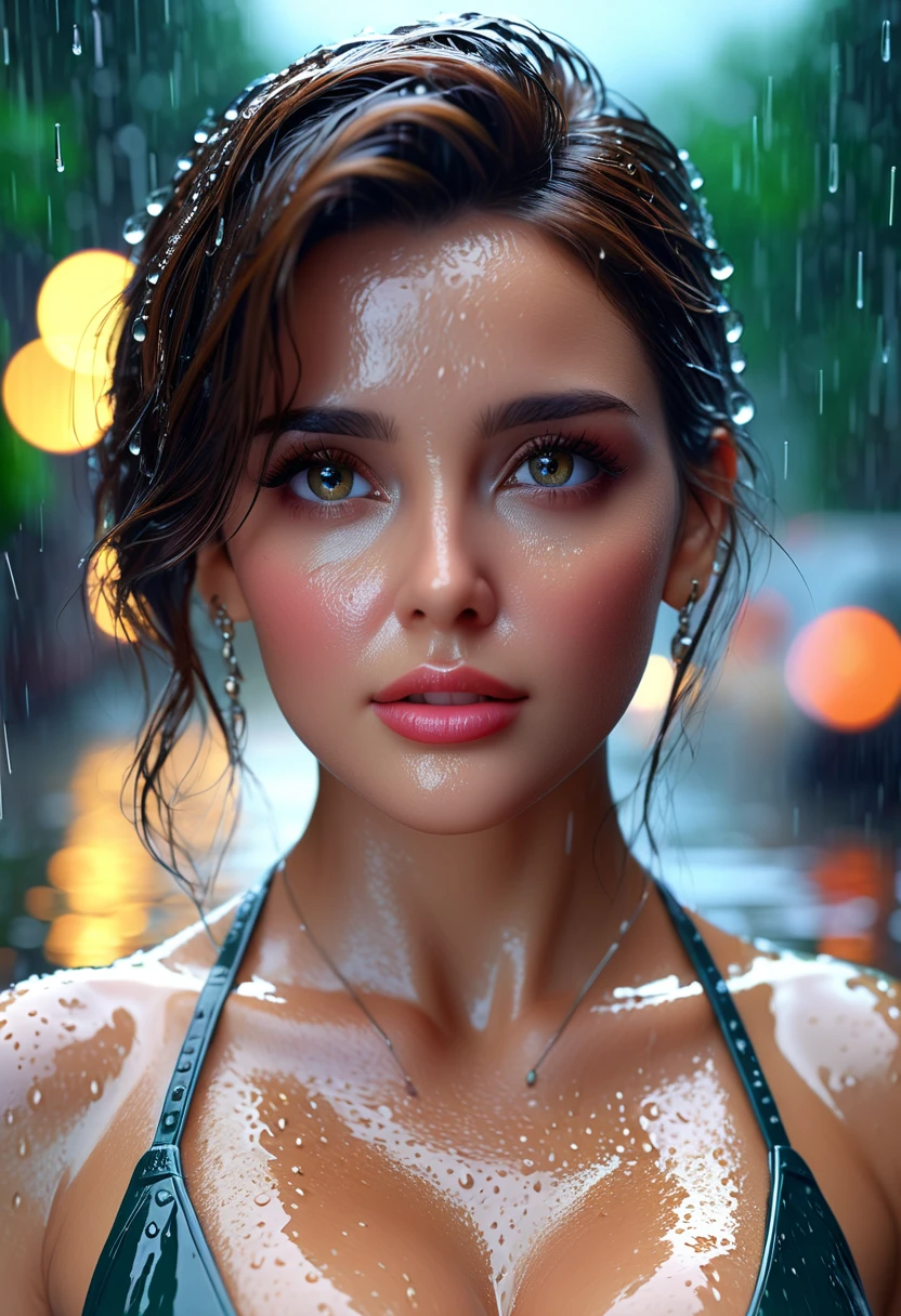 extreme really photography, professoinal photoset, extremely sexy, double exposure, beautiful 20 year woman in the rain, A-Cup, detailed raindrops running down her face, wet hair, wet white clothes stuck to her body, super detailed photography, Play of light in the sun rain, downpour, splashes, luminism, intricate, 4k concept art volumetric light, global illumination, detailed environment
