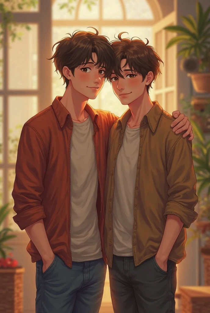 Lima Momomaru Create Requests Copy prompts Draw a scene of two beautiful young men embracing each other。O primeiro tinha cerca de 25 anos.、Ele tem um alto, corpo tonificado e musculoso.tres jovens dois rapazes e uma rapariga