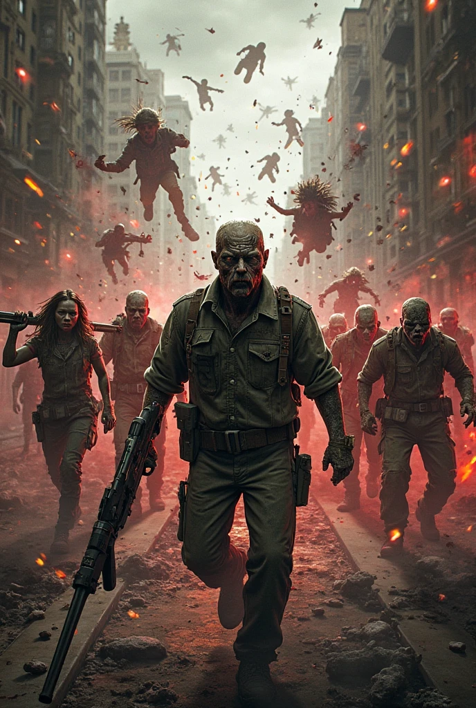 "Apocalyptic scene: Zombies attack amid chaos and destruction. intense action, fear, and survival. high quality, Detailed CGI with realistic zombie design. dark atmosphere, creepy lighting, and ominous shadows. Impressive angles, capturing the intensity of the attack."