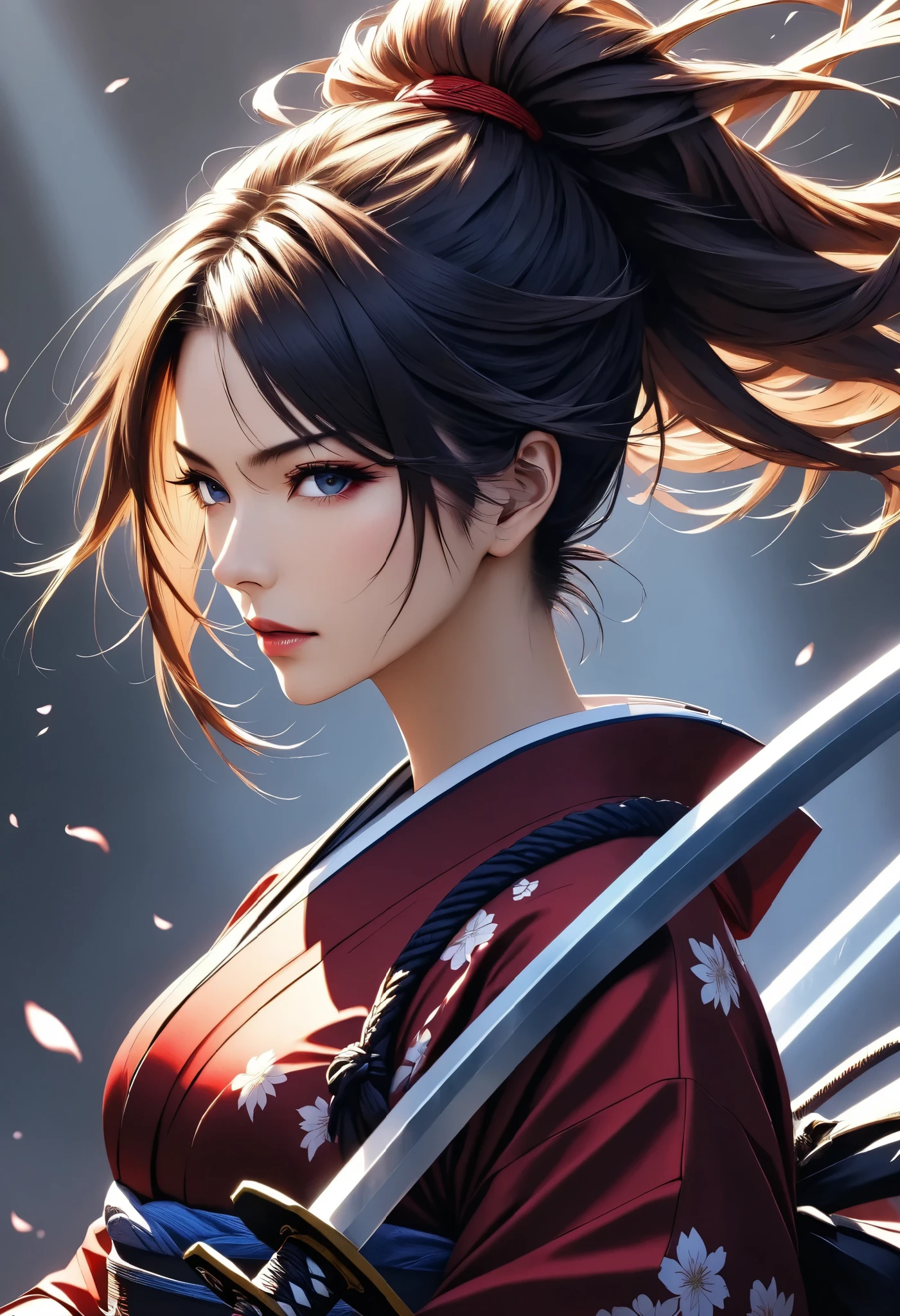 Character "ATLAS", raise a sword female samurai, holding japanese \samurai\ sword, solo, wearing beautiful kimono, japanese traditional, rising the holding that to center top on her head ,