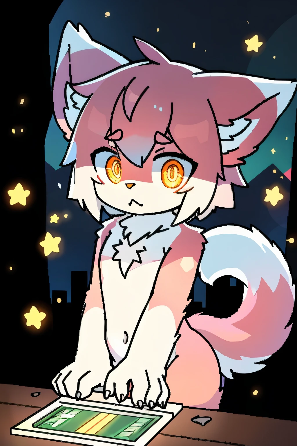 1 boy, city, any outfit, any eye color and expression, alone, fluffy fur, fluffy tail