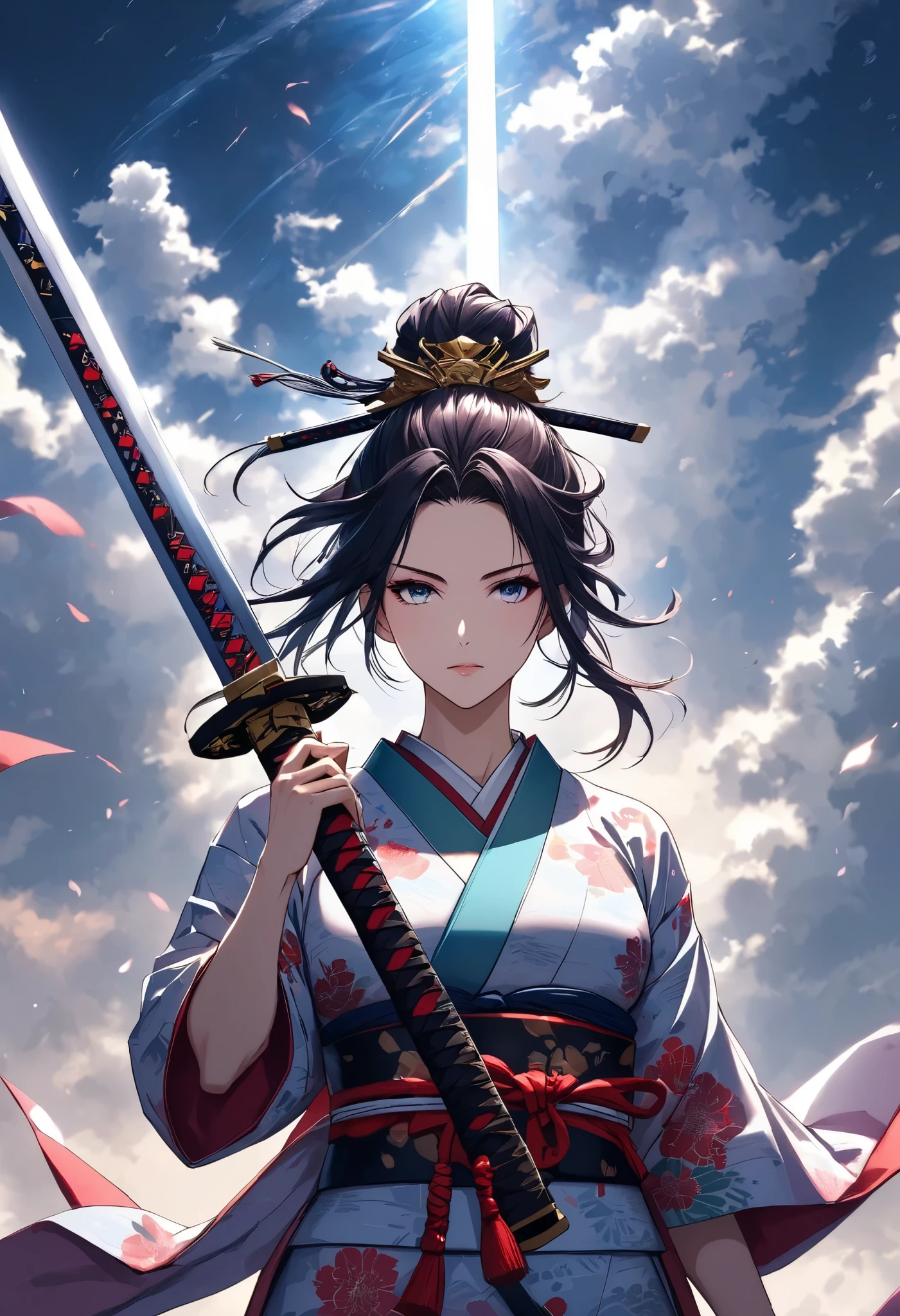 Character "Atlas", raise a sword female, Alone, wearing beautiful kimono, japanese traditional, rising the holding that to center top on her head, holding japanese \samurai\ sword ,
BREAK raise the sword high in the sky,