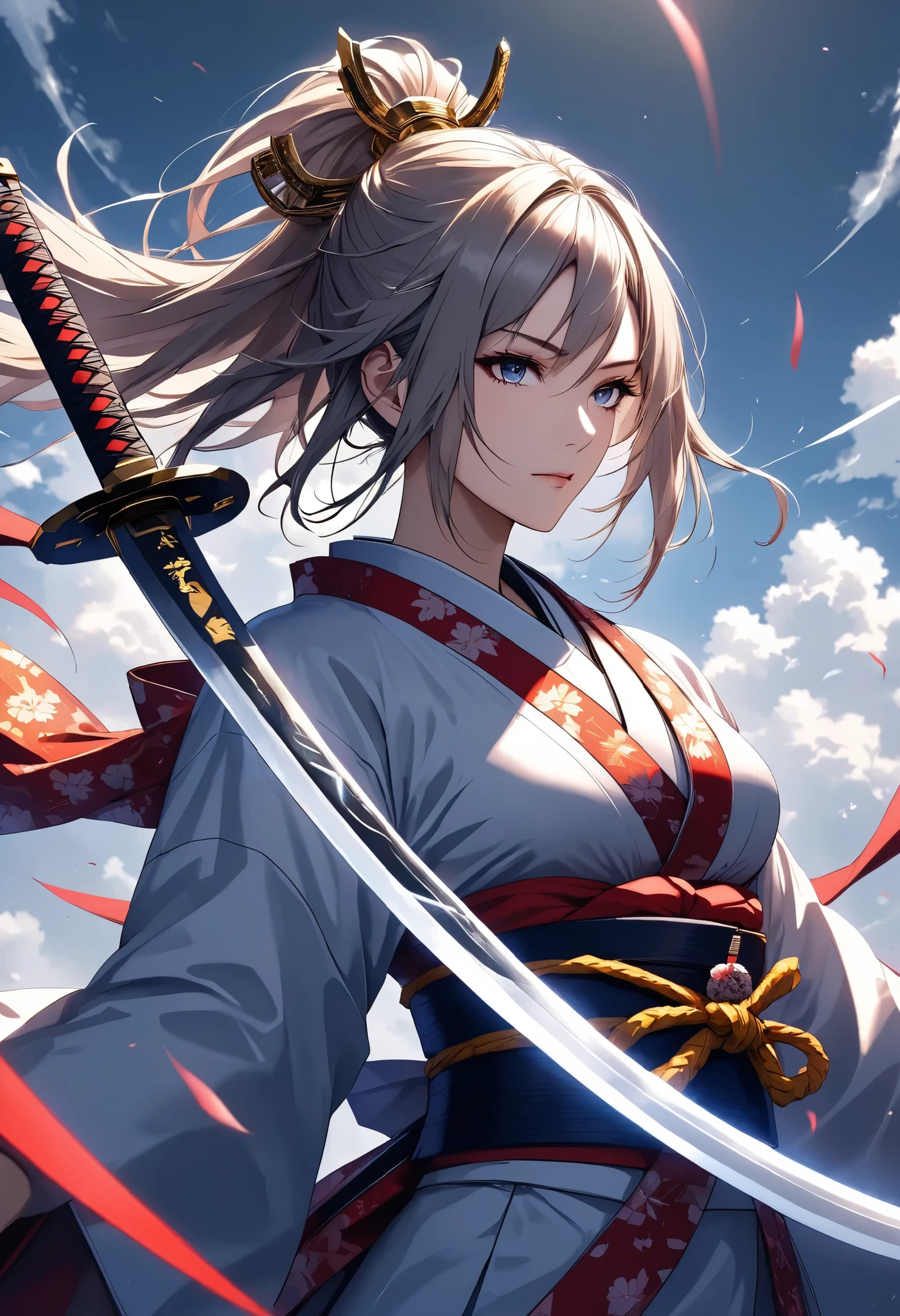 Character "Atlas", raise a sword female, Alone, wearing beautiful kimono, japanese traditional, rising the holding that to center top on her head, holding japanese \samurai\ sword ,
BREAK raise the sword high in the sky,