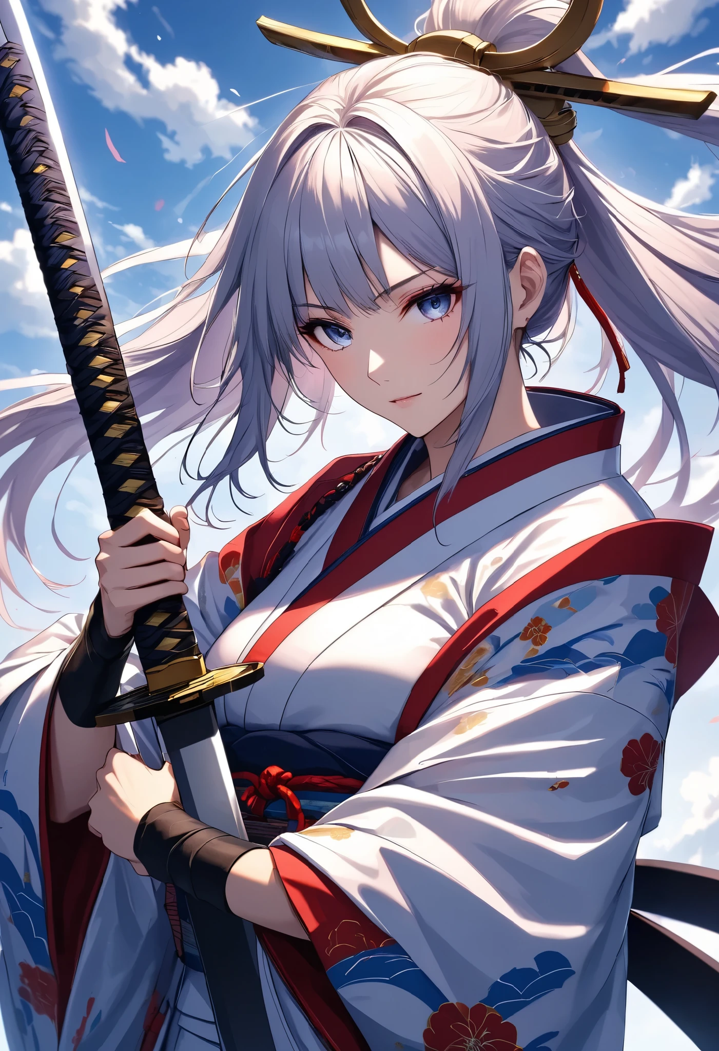 Character "Atlas", raise a sword female, Alone, wearing beautiful kimono, japanese traditional, rising the holding that to center top on her head, holding japanese \samurai\ sword ,
BREAK raise the sword high in the sky,
