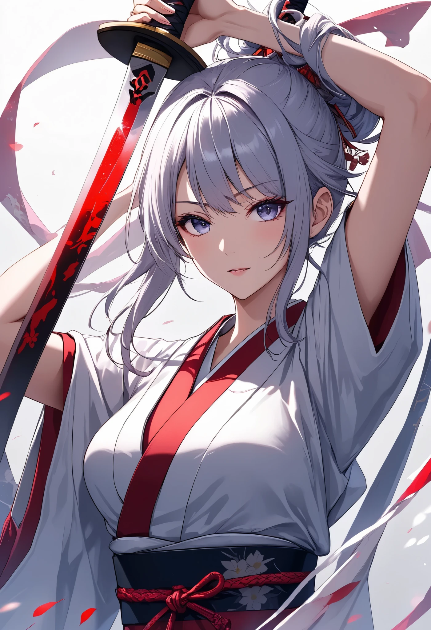 Character "ATLAS", raise a sword female, solo, wearing beautiful kimono, japanese traditional, rising the holding that to center top on her head, holding japanese \samurai\ sword,