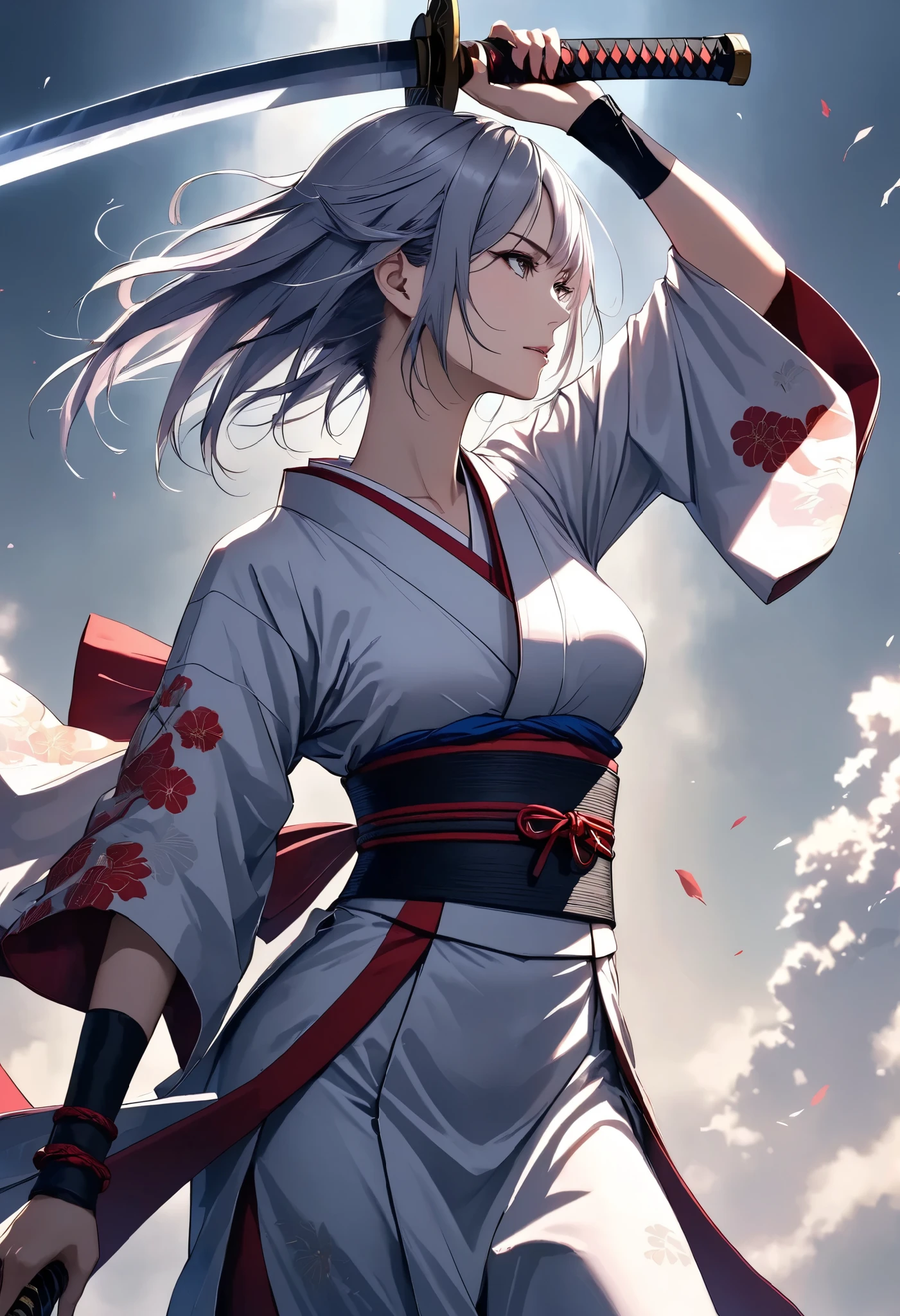 Character "Atlas", raise a sword female, Alone, wearing beautiful kimono, japanese traditional, rising the holding that to center top on her head, holding japanese \samurai\ sword ,
BREAK raise the sword high in the sky, Hold her sword over her head,
ROUGH