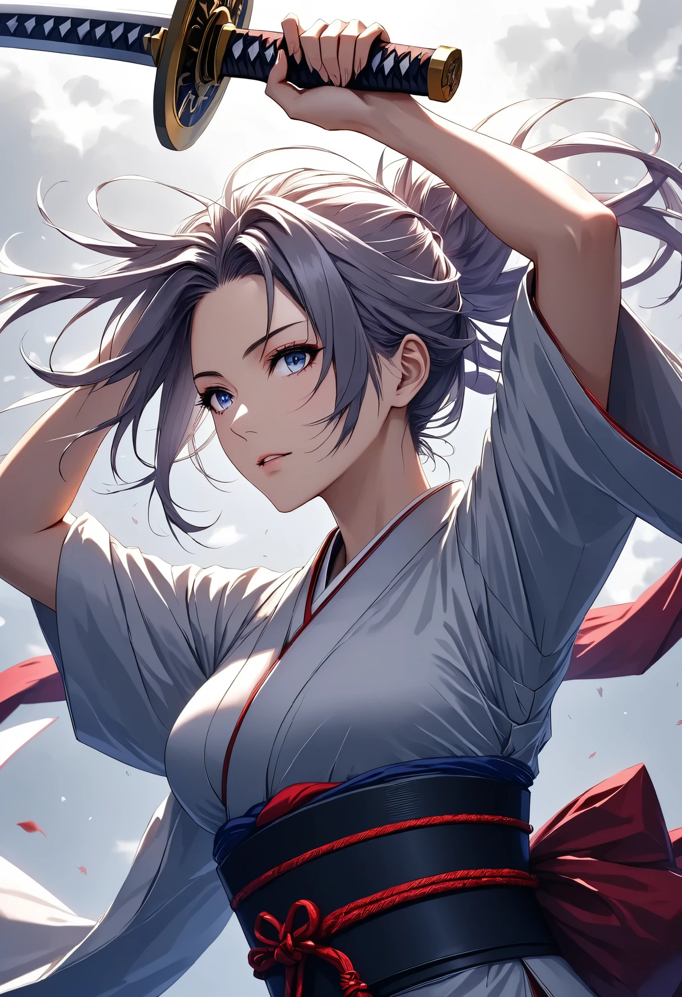 Character "Atlas", female, Alone, wearing beautiful kimono, japanese traditional, rising the holding that to center top on her head, holding japanese \samurai\ sword ,
break \Raise the sword held with both hands high above the sky, and hold her sword above her head, raise a sword \,
ROUGH