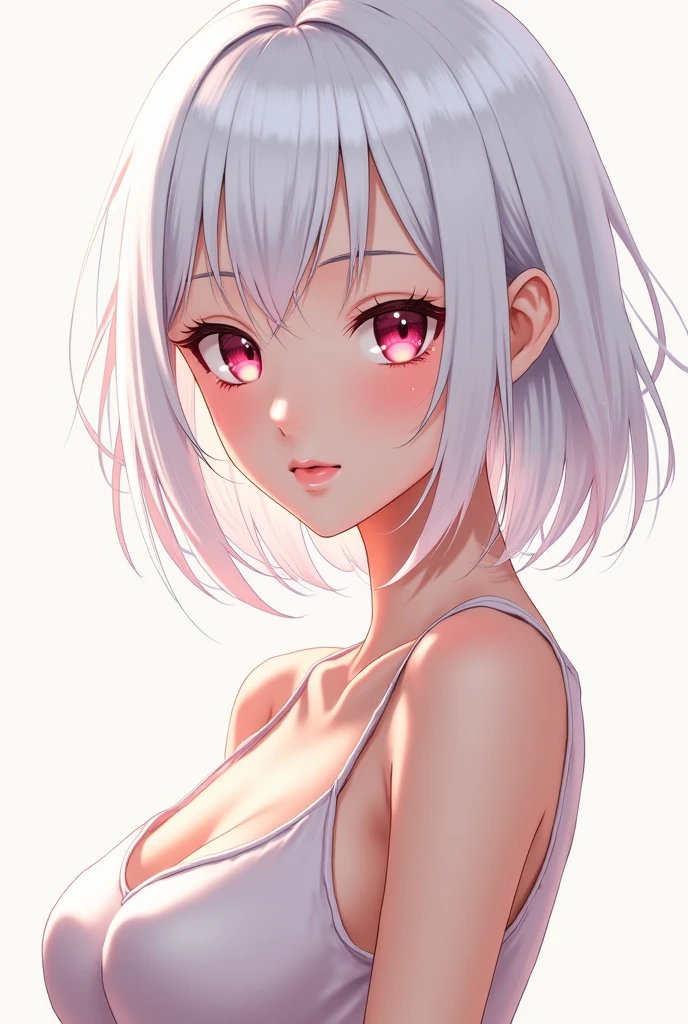 score_9, score_8_up, score_7_up,source_anime, high res image,masterpiece,best quality,girl,cute face,clear skin,simple_background,white hair,short hair,pink eyes,inner_pink_hair,cleavage,