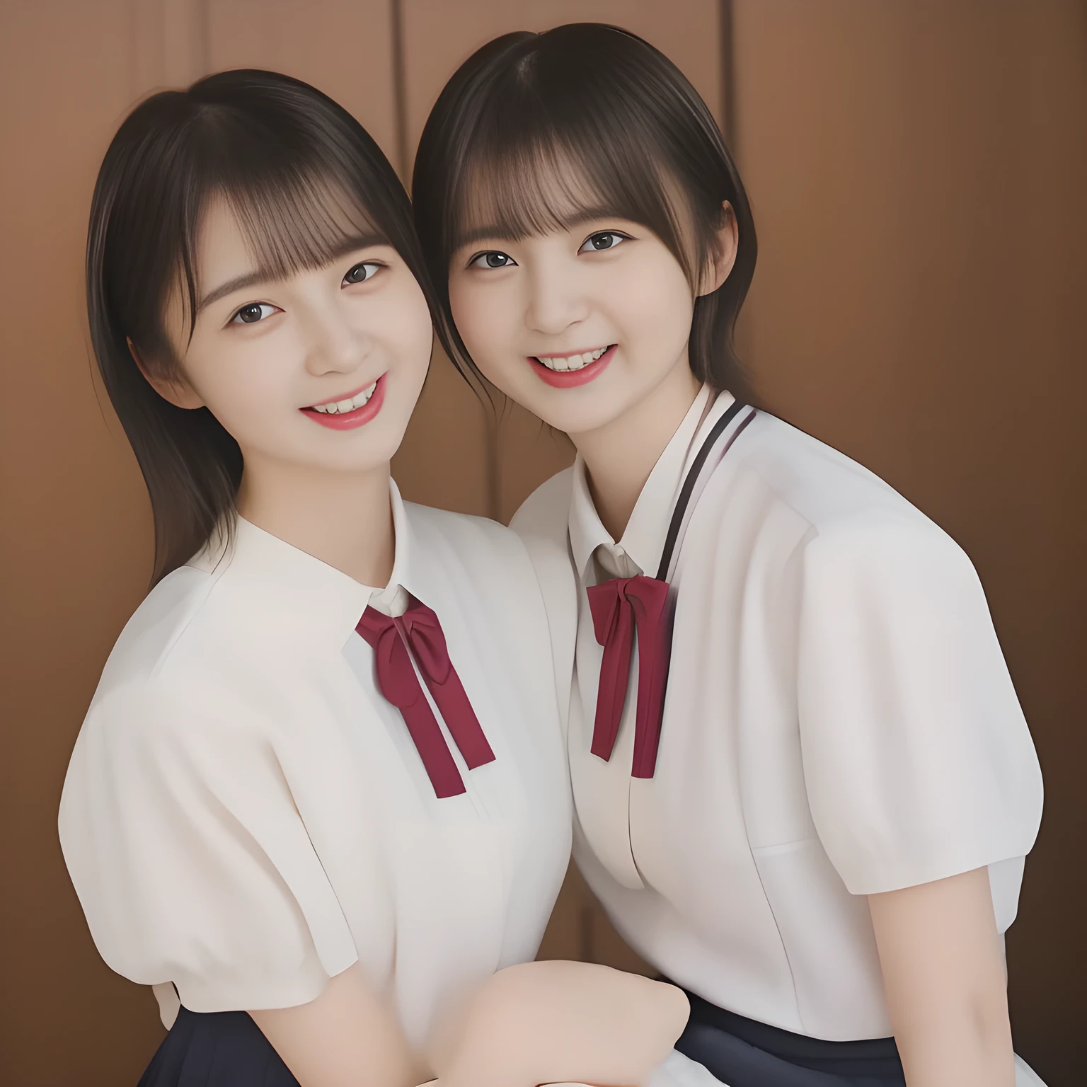 (masterpiece, best quality:1.2), High resolution, 1080P, 8K, 1girl, solo, (((Too beautiful Two zinomy noble lovely succubi idols)) are seated on the viewer's leg and caressing the viewer together. Beautiful face looking down. All the girls are noble, neat, intelligent and beautiful slender, maximum laughter of happiness, neat seducing uniform and skirt: 1.8), (Incredibly well organized pure white face, Glossy lips, Very long black beautiful straight hair like a hair model, (((Pure and clear wet noble smiling large eyes))), (((Noble and neat and noble))) Japanese school uniform, (white cute school ribbon bow-tie), girly & fluttering ((frilled gorgeous expensive white school blouse)), puffed sleeves, (white cutest well-pleated noble (ivory skirt)): 1.9) ,(beautiful legs, white socks and school loafers), (Using expensive face-whitening cosmetics to make her skin more beautiful and pure by professional makeup artist: 1.0), (The neat beautiful two succubi know well about the viewer's super fetishism for school uniforms, and satisfies it completely with skirt: 1.0), (well detailed face and seducing eyes: 1.8), (All the girls are giving the the viewer's one extreme happiness of beautiful hands and skirt: 1.5), (Two beautiful succubi Caress and squeeze the viewer's one passionately tenderly together with Beautiful open mouth and hands until finish of (unstoppable lewd white milk explosion): 2), (Neat, clean, clear, noble harem atmosphere: 1.8), (hypnosis of soprano voice chorus allusion: 2)