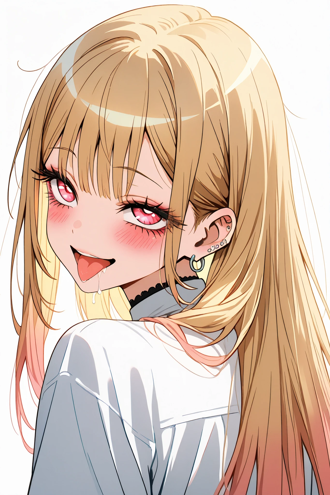 marin_kitagawa,1 female,solo,pretty,
white background,
upper body,from behind,
blonde,long hair,side part bang,cut bangs,
colored inner hair,
red eyes,beautiful eyes,
big eyes,slant eyes,sleepy eyes,
long eyelashes,
white shirts (1.3),
smile,blushing,drooling,tearful eyes,
rolling eyes,open mouth,tongue out,
perfect face,beautiful skin,
anatomically correct,Highest quality,
masterpiece,high image quality