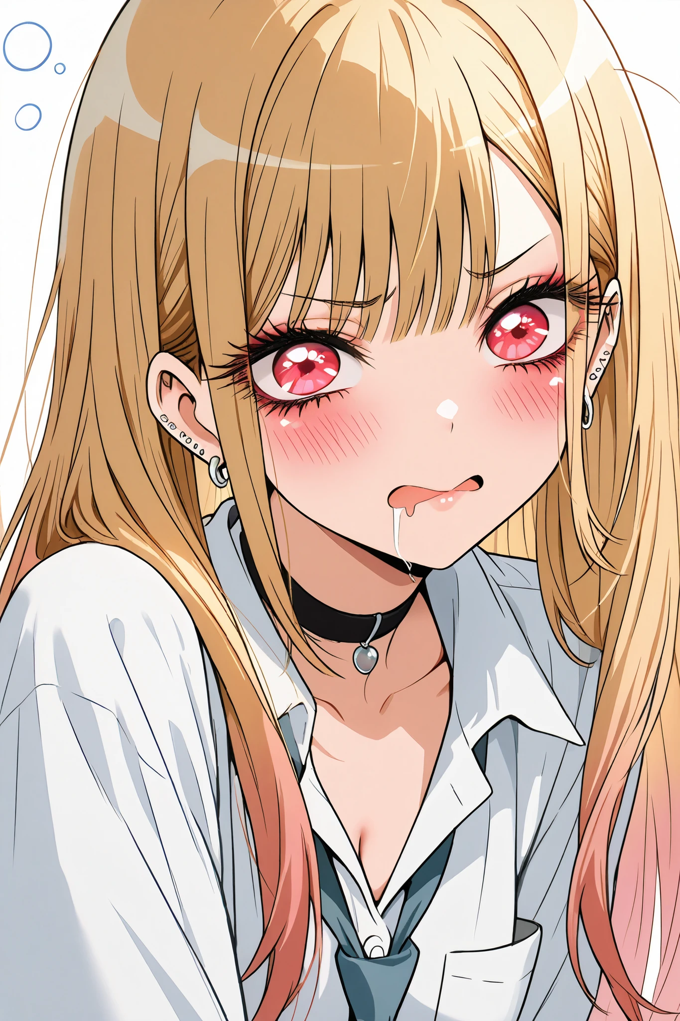 marin_kitagawa,1 female,solo,pretty,
white background,
upper body,from upper,
blonde,long hair,side part bang,cut bangs,
colored inner hair,
red eyes,beautiful eyes,
big eyes,slant eyes,sleepy eyes,
long eyelashes,
white shirts (1.3),
sulk,angry,blushing,drooling,tearful eyes,
perfect face,beautiful skin,
anatomically correct,highest quality,
masterpiece,high image quality