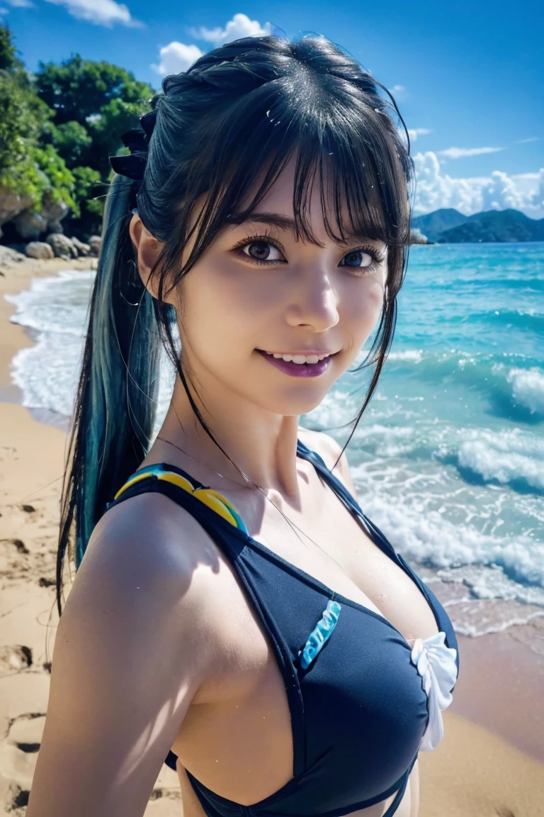 A cute, beautiful, voluptuous Japanese woman in her late 20s with a boyish hairstyle, skydiving at 4000 meters above the ground.、They are having so much fun that they are spreading their arms and legs out in excitement.、She looks great in a micro bikini