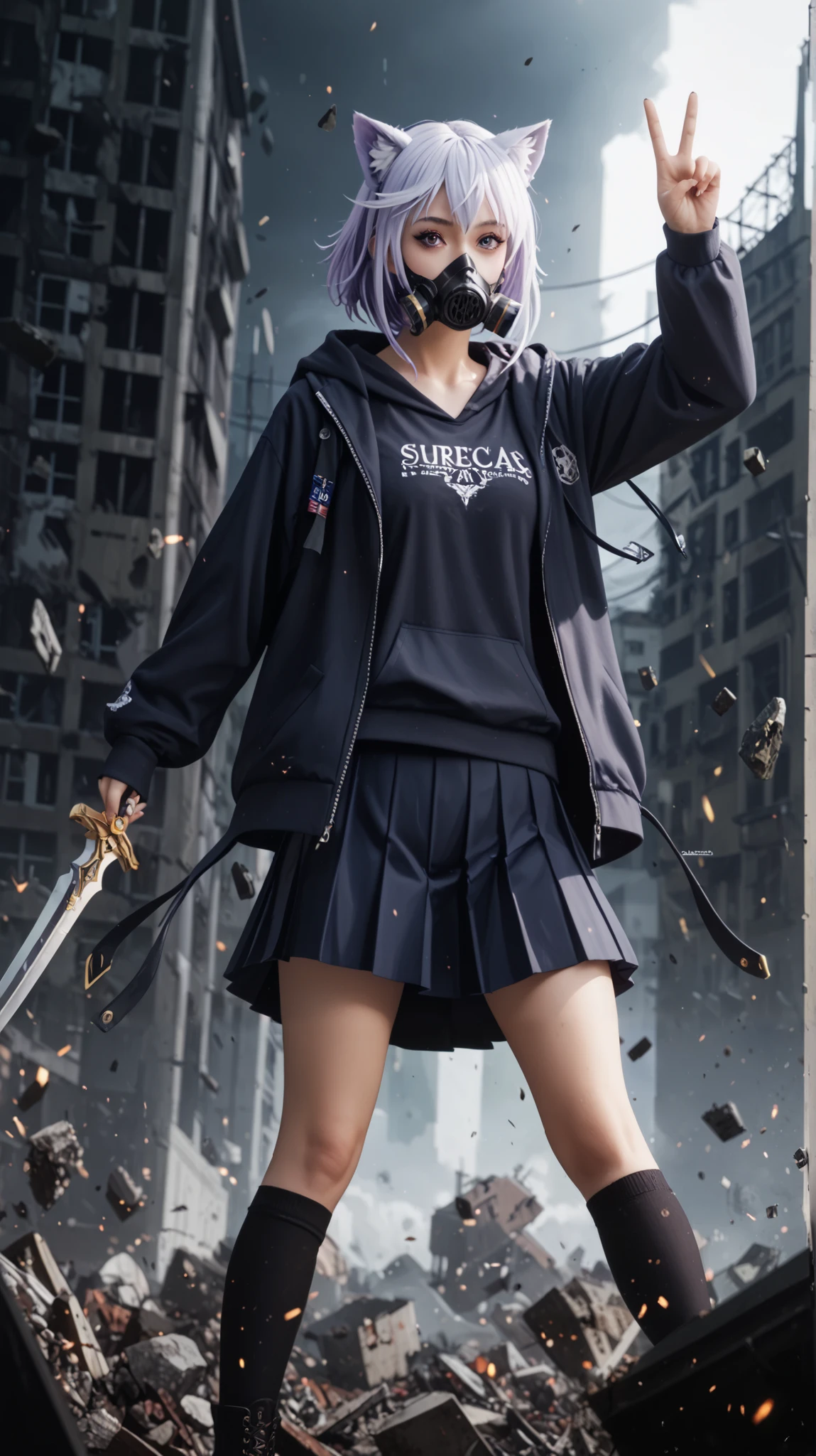 Puntuación 9, Puntuación 8, Puntuación 7, Fuente del anime, Konsubáeris, Eris, cabello corto, cabello blanco, cicatriz, ojos morados. A hyper-realistic portrait of Eris wearing a dark hoodie, a pleated skirt, and a futuristic gas mask with wolf-like ears. She holds her signature dagger in one hand, standing in a post-apocalyptic environment with dense dust and debris floating in the air. The scene has a dark, cinematic atmosphere, with dramatic lighting highlighting her figure through the haze. Ultra-detailed textures, high-resolution, dynamic composition. --v 6 --ar 9:16 --style raw --q 2 --stylize 1000