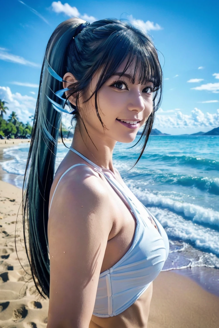 highest quality、realistic、Japanese、girl、cute、smile、long hair、all back、black hair、light blue one piece、Ocean、brown eyes、exposed forehead、slender、smallbrest