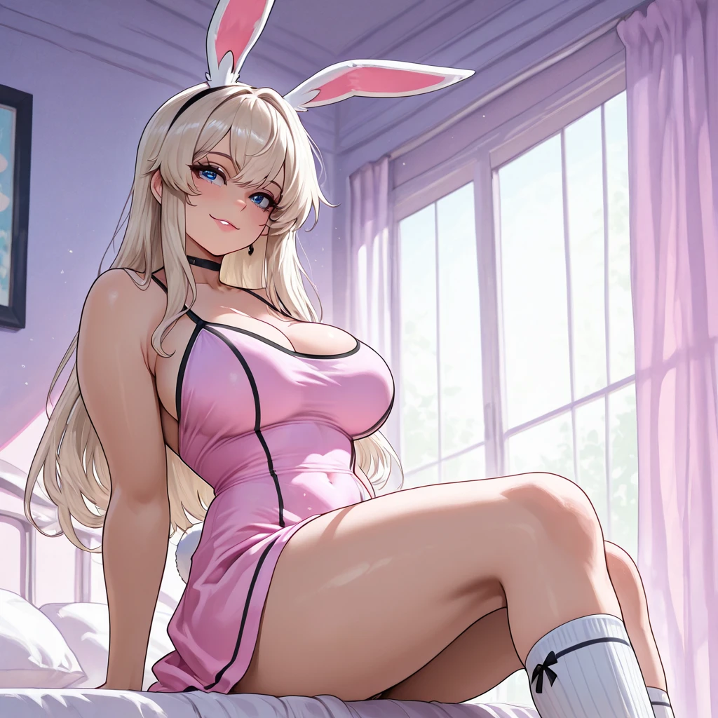 Solo, (detailed face), (long ginger hair), Blue eyes,(bunny ears:1.1), ((white wedding dress)), (orgasm:1.1), (big breasts:1.3), blush, (fullbody), sexy pose, (cum:1.3), only two hands, open legs,