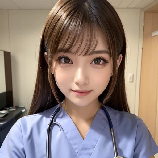 one girl, (beautiful girl, Delicate Girl:1.3), (:1.3),
break, (Nurse Costume:1.3),
break, (sitting on a hospital bed:1.2),
break, Very Beautiful Eyes, (has symmetrical eyes:1.3),
break, small breasts, brown eyes, split bangs, brown hair, (Upper teeth, best smile:0.2),
break, (Eye and Face Details:1.0),
break, (masterpiece, top quality, very detailed, detailed faces, 8k)