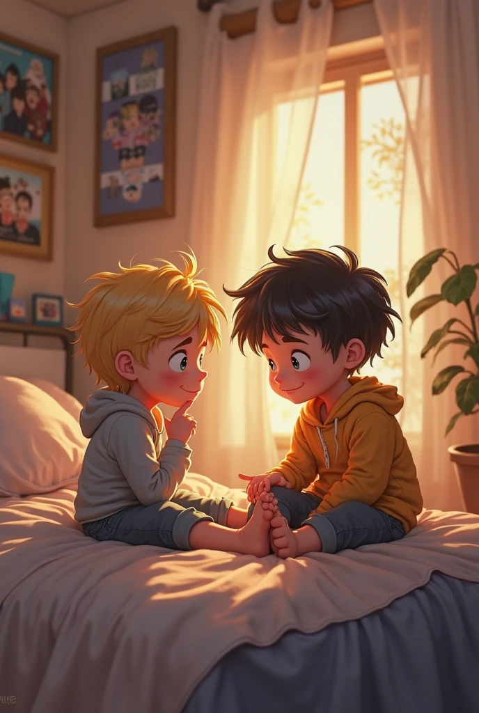 Once upon a time there were two brothers named Cássio and Diogo. Cássio, , smaller, short and straight hair, dark brown hair, big cheeks and round face. Diogo, , short blond hair, thin face and blue eyes. Cássio and Diogo waking up happily in their rooms, with sunlight coming through the window Pixar, Disney