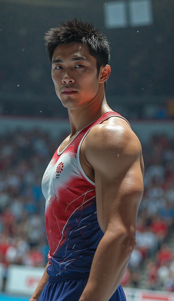 photorealistic, best quality, masterpiece, extremely detailed, sexy, homoerotic, extremely handsome, youthful, 25 year old handsome and athletic korean man, fair skin, (((muscular bodybuilder))), (((massive thighs))), wearing skimpy thong, shirtless, round bubble butt, very sweaty, jumps up to catch a volleyball, happy, at park, extremely romantic atmosphere, perfect face, perfect fingers, perfect hands, perfection
