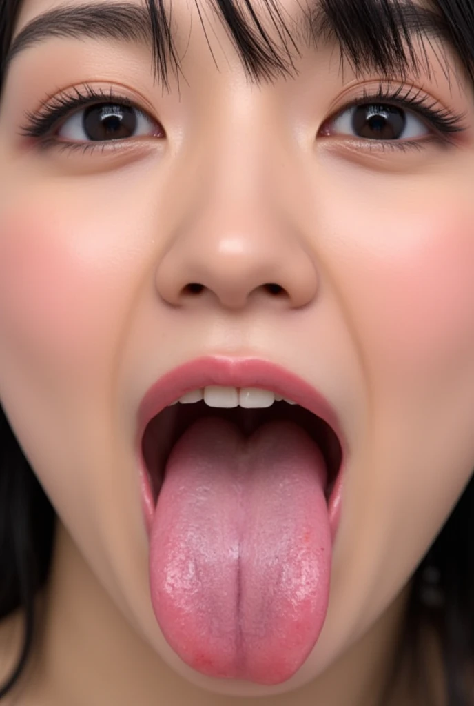 (highest quality、Tabletop、8k、Best image quality、Award-winning works)、One beautiful woman、Perfect Makeup、Lustrous and bright lips、Accurate anatomy、(Tongue close-up:1.5)、(nude:1.2)、Ultra-high definition beauty face、Ultra HD Hair、Super high quality sparkling eyes、(Ultra-high resolution glossy skin:1.1)、Super high quality glossy lip、(Open your mouth and extend your tongue:1.2)、(Perfect beautiful wet tongue:1.2)、(A wet tongue covered in saliva:1.2)、(Pale pink plain background:1.1)、black brown hair、Sweaty skin、(Moist and shiny tongue:1.1)、Facing straight ahead