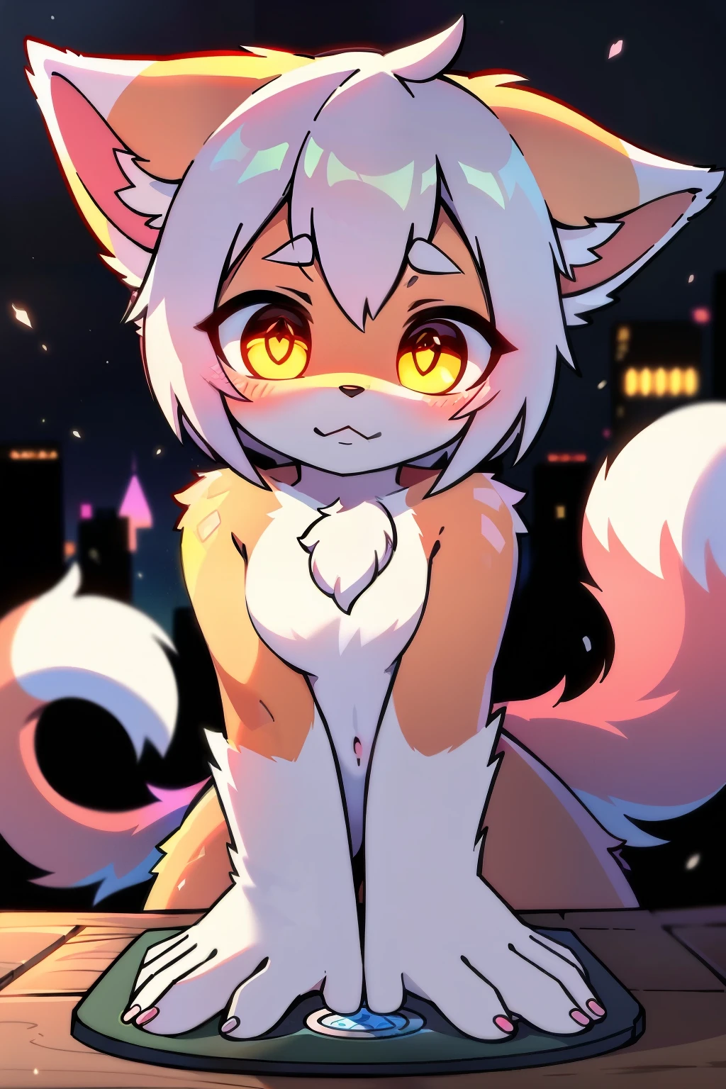 high resolution request ,Furui Orc,毛茸茸furry,Two-dimensional anime characters,cute,fox ears,female beast girl` `pure fox characteristics` `} Meat Pad Pink Gradient` `amber cat's eye pupil` `juvenile short brace` `Mother-of-pearl Crack Nails` `Cyberpunk Bioluminescence`
`Iridescent fur tip(ultra detailed fur texture)` `aurora film gloss` `white fluff on the hair` `furry behind the ear` `Future and`
`translucent silicone claw pad` `white fluff on the hair` `Amber Glowing Cat Eye Pupils` `Hair Frosting Effects Under Moonlight` `white fluff`
`Dynamically Trailing Starlight Particles` `shy curled position` `curious expression` `
` `Winter Nose Tip Condensation Effects` `Modern City Background Bokeh` `soft fuzzy edge` `Forehead Hidden Animal Imprint`