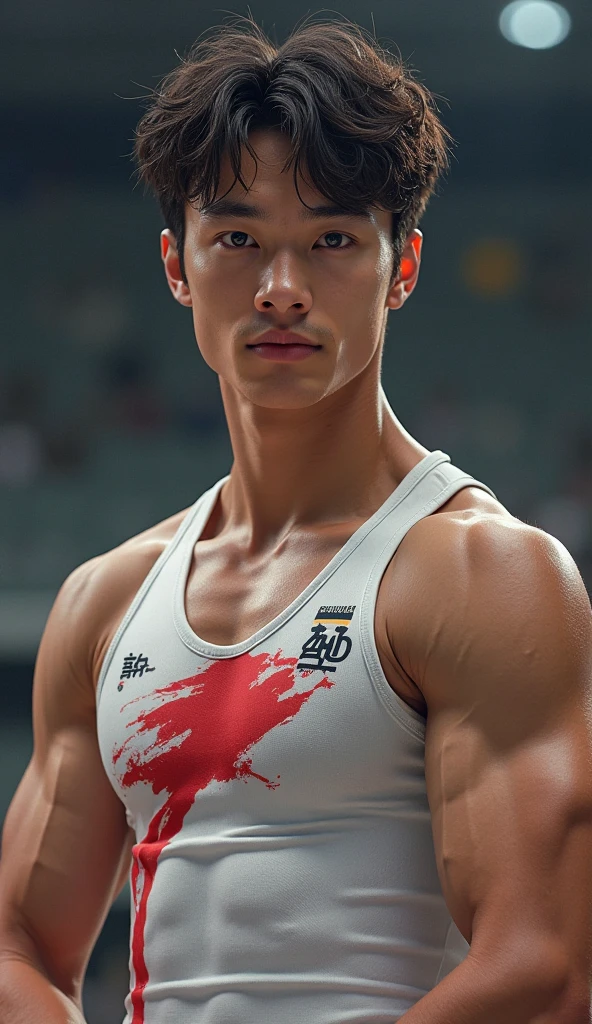 1 Chinese man 2 He is holding a flag 8 meters long and it is the flag of China 3 he has a black background 4 he has six-pack abs 5 he has tattoos of Chinese dragons 6 The man has super short shorts