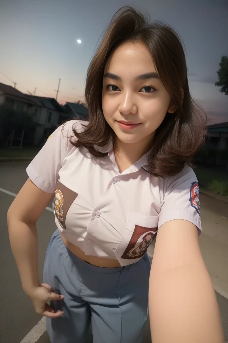 1girl, solo, 19 years old, (uniform), detailed Metropolitan city at the background, portrait, thick breasts, semi-curvy body, Sixpack abs, smooth realistic skin, cute smile, tight white shirt, grey blue short skirt, looking at the audience, high angle shot,(8k, RAW photo, best quality, masterpiece: 1.3), (realistic, realistic: 1.37), ultra-high resolution, cowboy shot