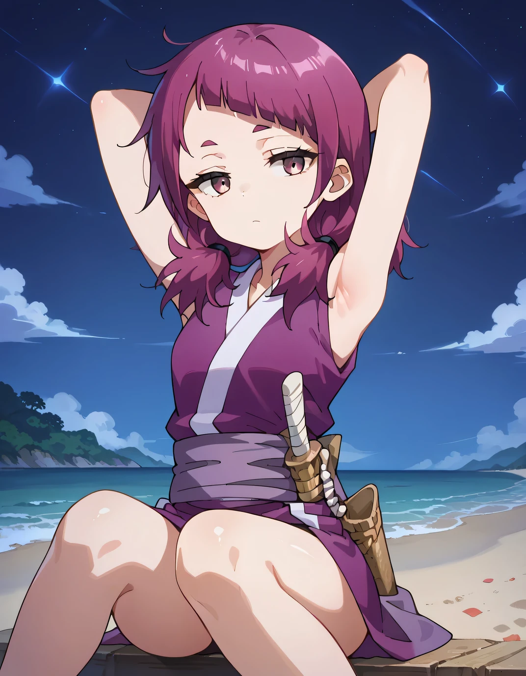 shakuyaku, sleeveless, japanese clothes, hightighs, fingerless gloves, bare legs, anime screenshot, shiny skin, high quality, solo, three-quarter portrait, (contrapposto), hands behind head, closed mouth, night sky, beach, looking at viewer, expressionless, best quality,