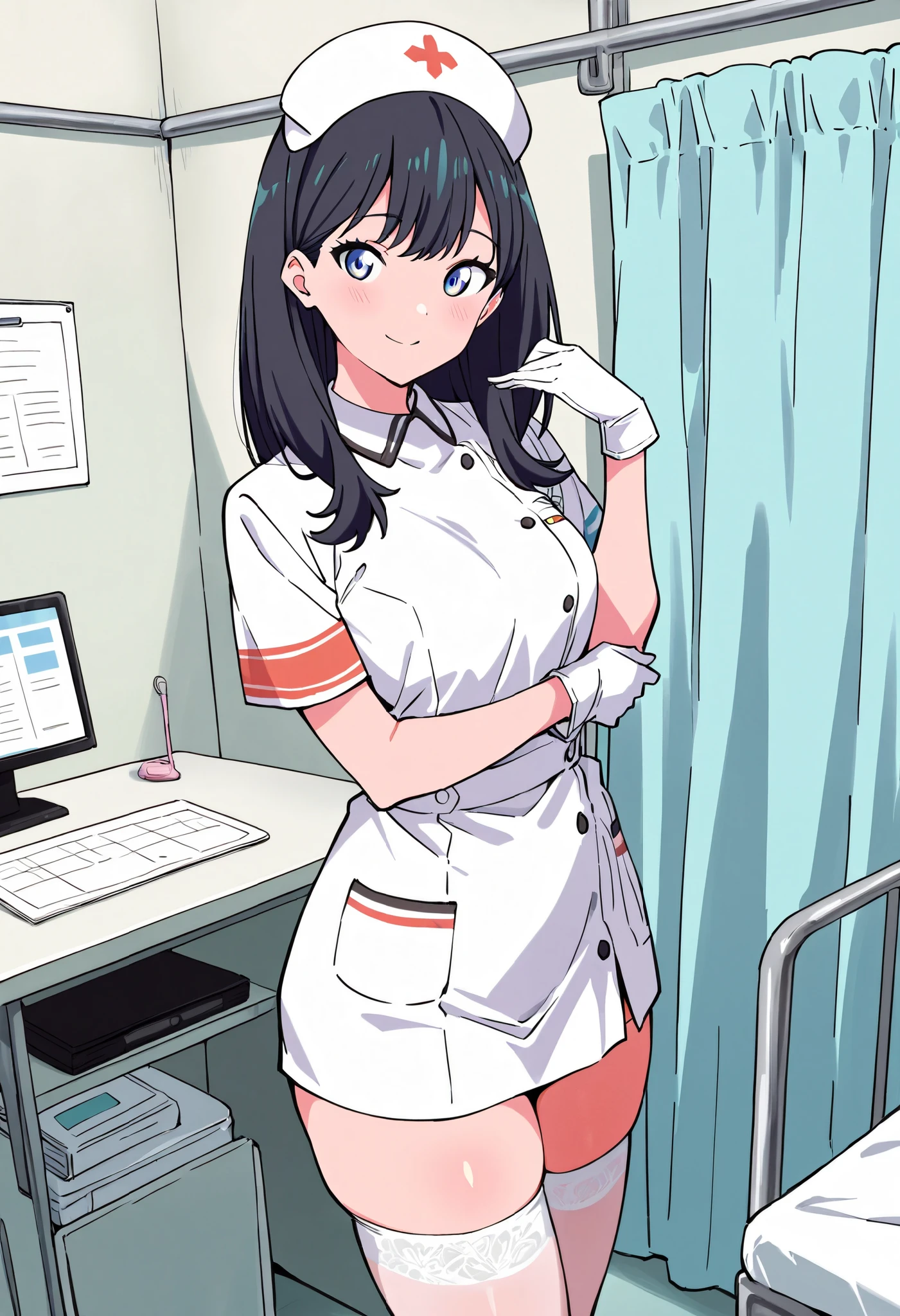 Score_9, score_8_up, score_7_up, rikka takarada, black hair, long hair, blue eyes, (small breasts:0.7), thick thighs, (best quality), (high quality), {masterpiece}, extremely delicate and beautiful, ultra-detailed, beautiful detailed eyes, nurse, nurse hat, ((white nurse's outfit)), white gloves, white thighhighs, hospital room, smile, closed mouth, standing